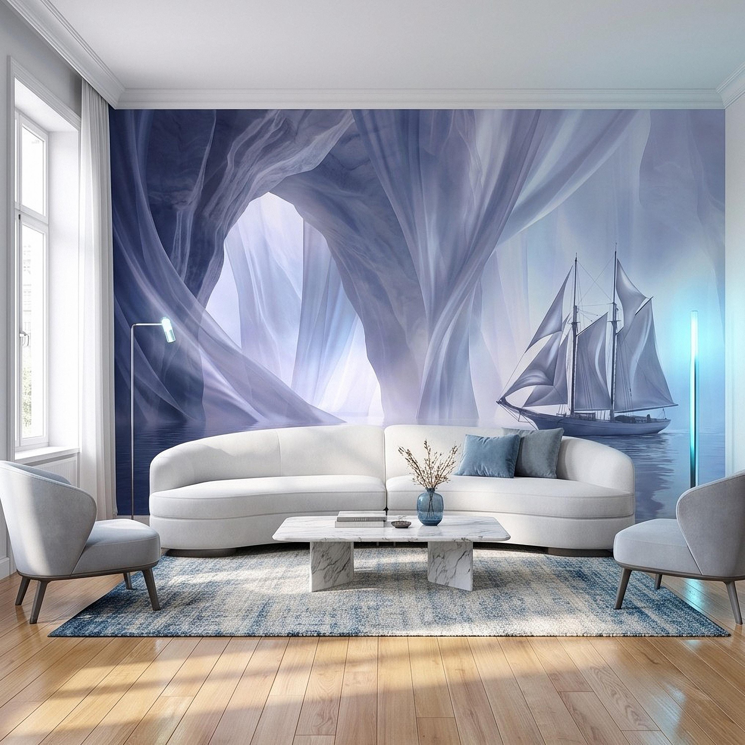Dreamy Sailing Ship Peel and Stick Wall Mural, Ethereal Blue Sea Cave Misty Ocean Seascape Surreal Coastal Wallpaper