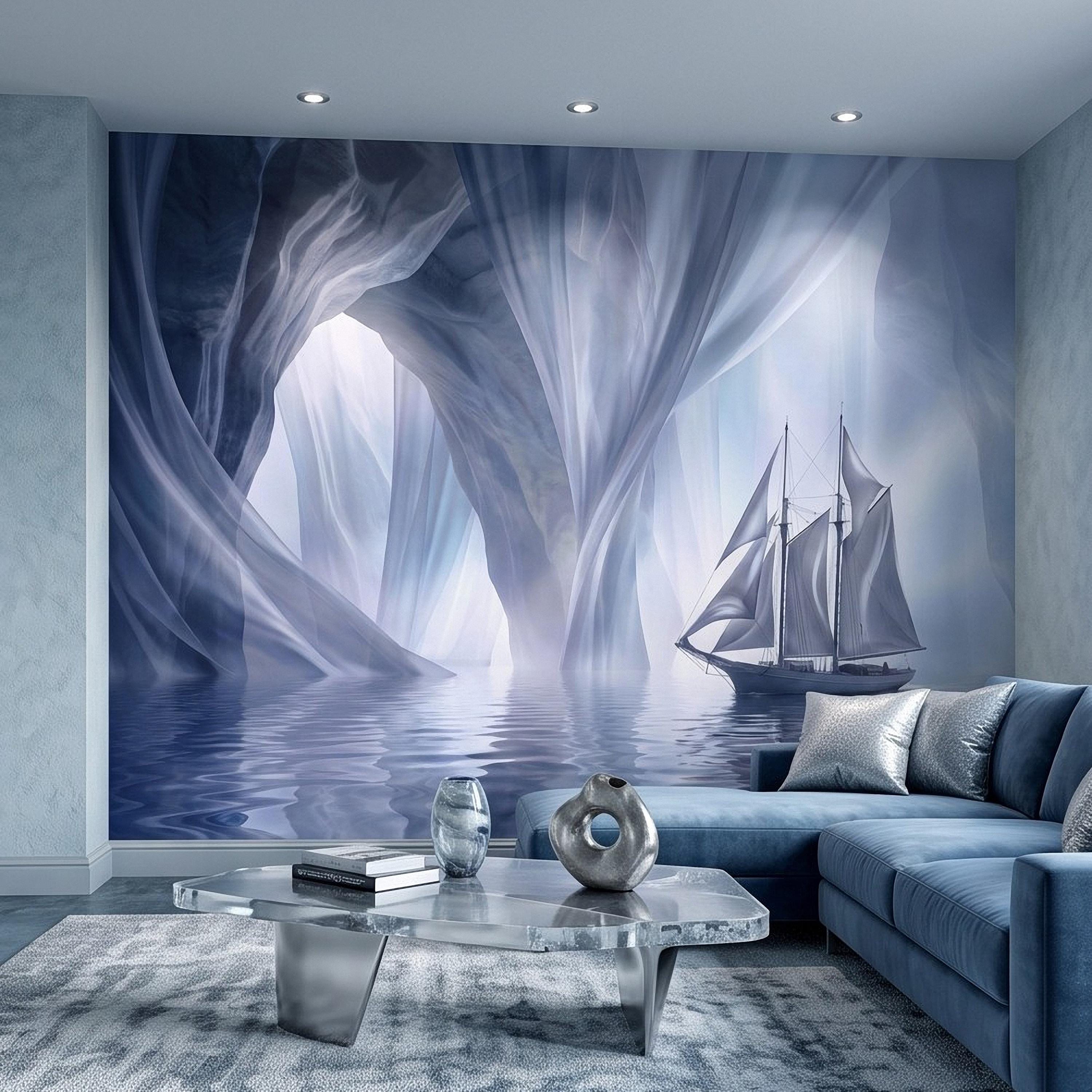 Dreamy Sailing Ship Peel and Stick Wall Mural, Ethereal Blue Sea Cave Misty Ocean Seascape Surreal Coastal Wallpaper