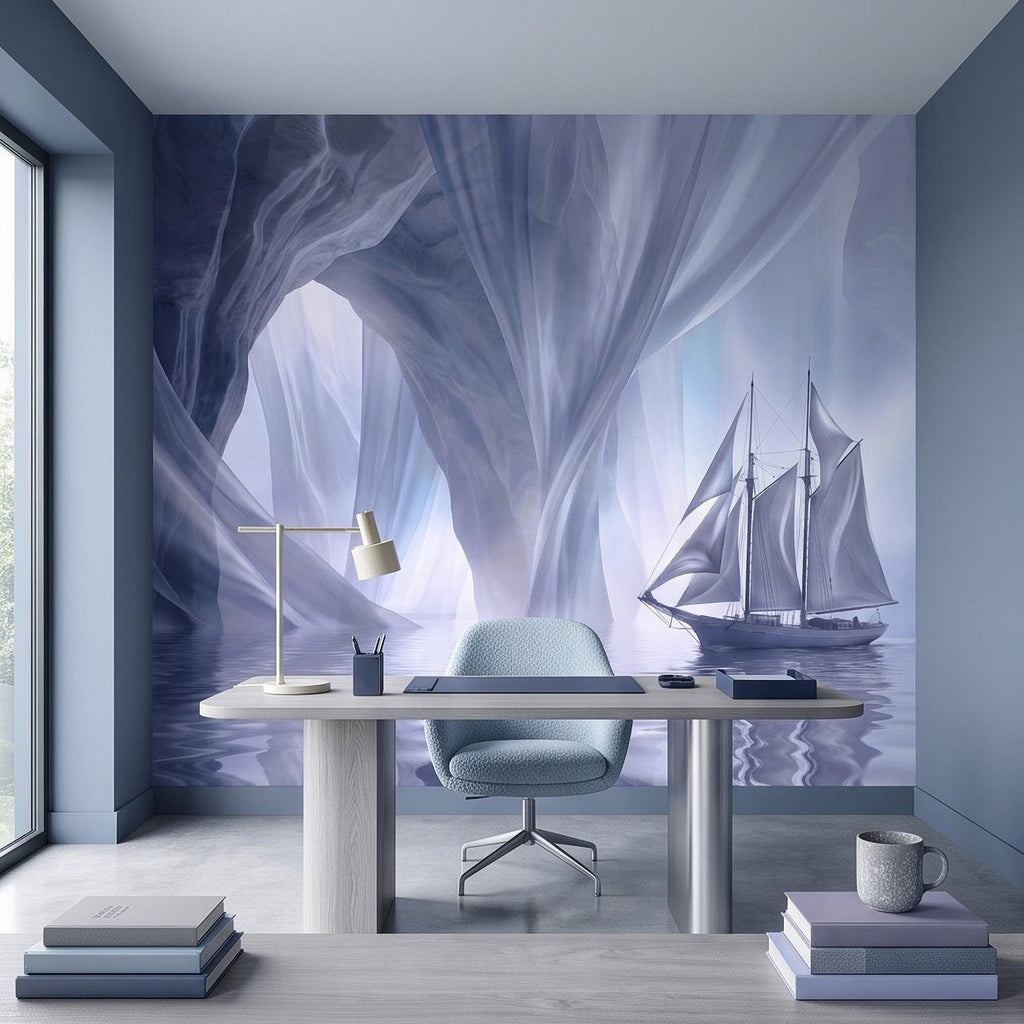 Dreamy Sailing Ship Peel and Stick Wall Mural, Ethereal Blue Sea Cave Misty Ocean Seascape Surreal Coastal Wallpaper