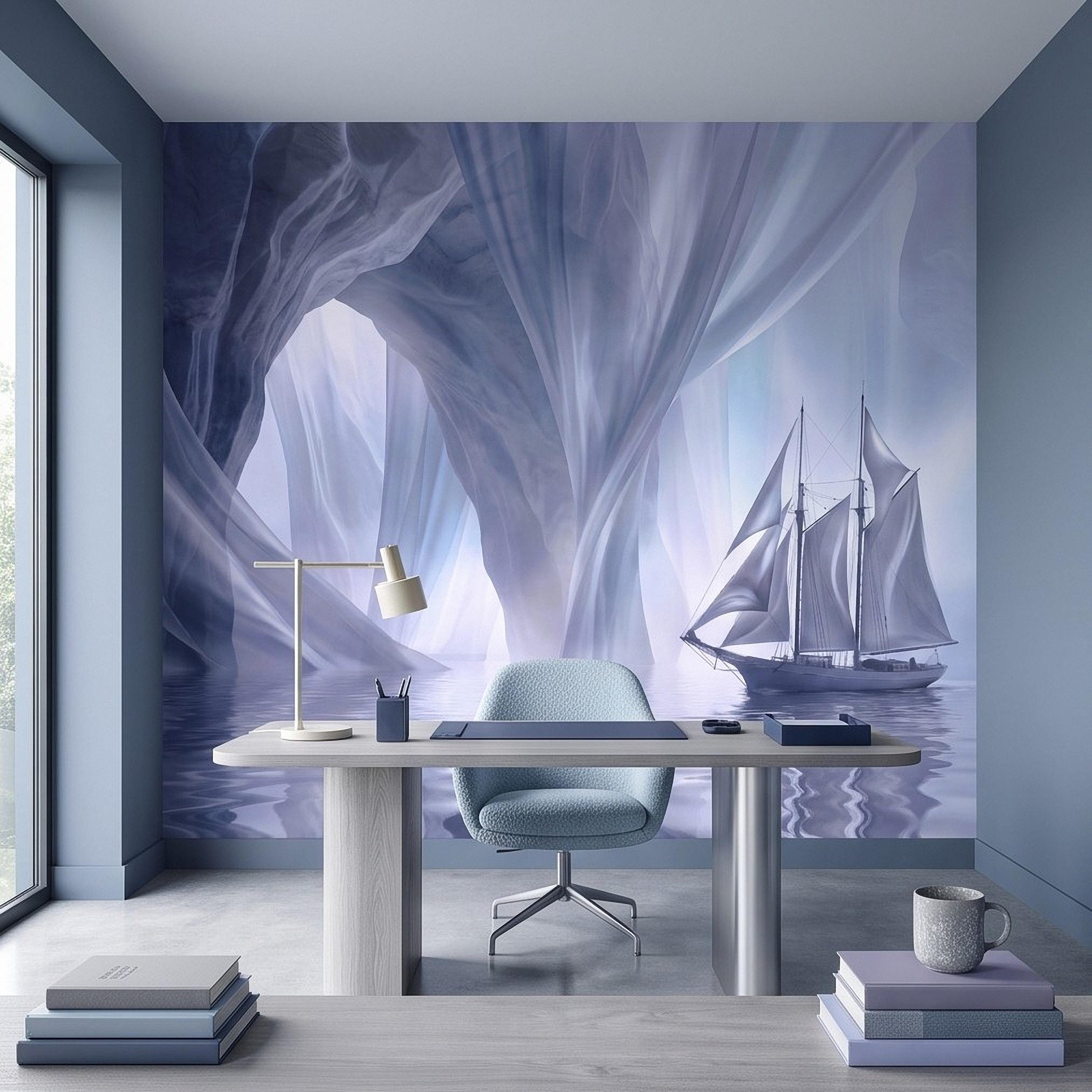 Dreamy Sailing Ship Peel and Stick Wall Mural, Ethereal Blue Sea Cave Misty Ocean Seascape Surreal Coastal Wallpaper