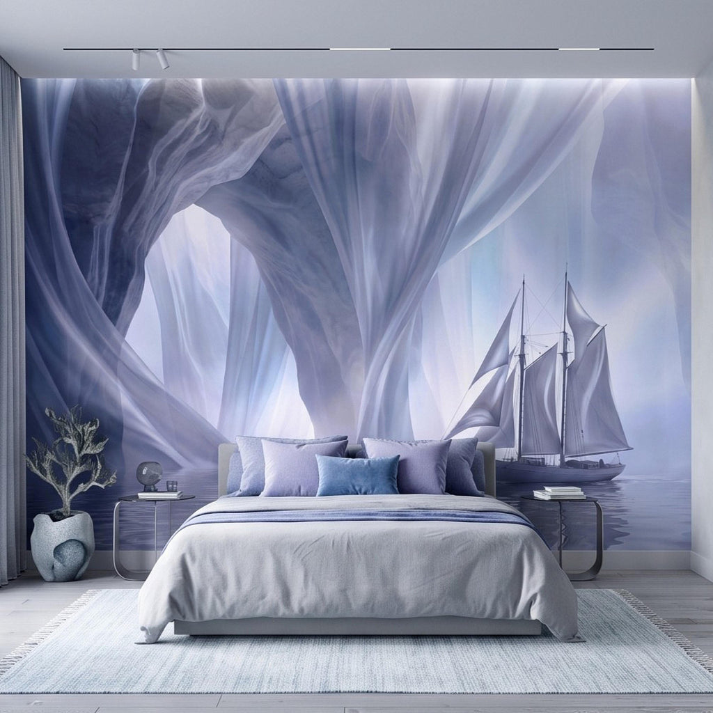 Dreamy Sailing Ship Peel and Stick Wall Mural, Ethereal Blue Sea Cave Misty Ocean Seascape Surreal Coastal Wallpaper