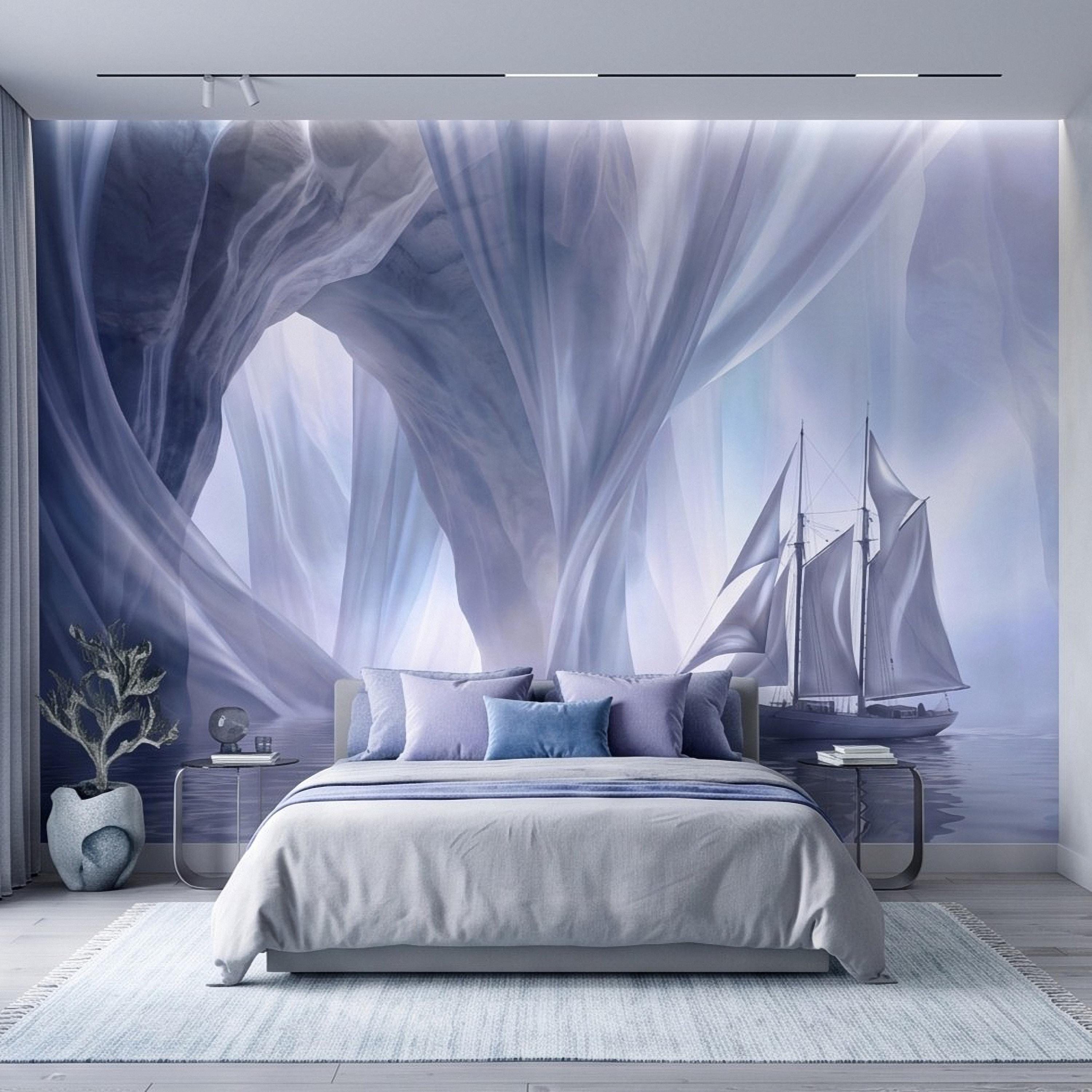 Dreamy Sailing Ship Peel and Stick Wall Mural, Ethereal Blue Sea Cave Misty Ocean Seascape Surreal Coastal Wallpaper