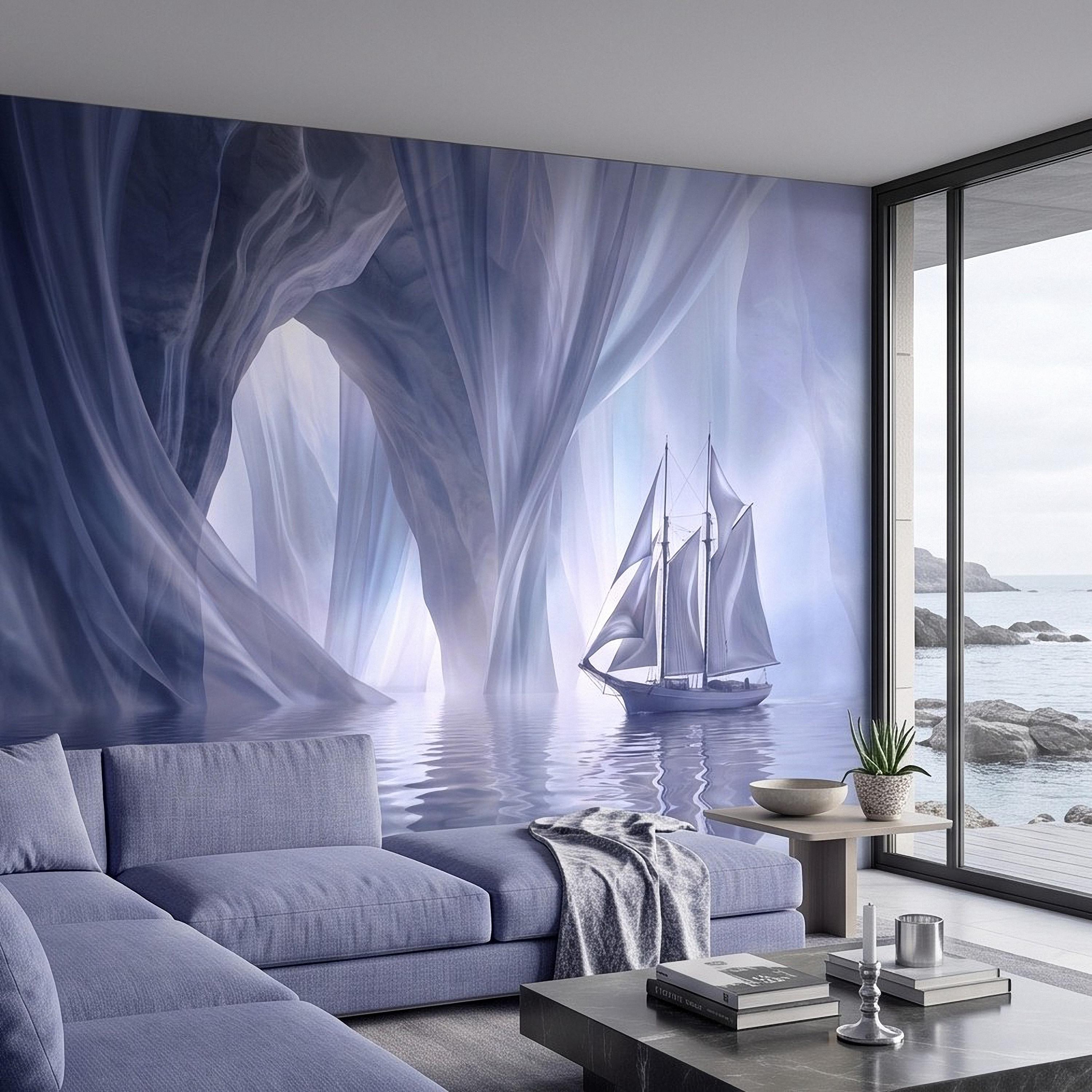 Dreamy Sailing Ship Peel and Stick Wall Mural, Ethereal Blue Sea Cave Misty Ocean Seascape Surreal Coastal Wallpaper