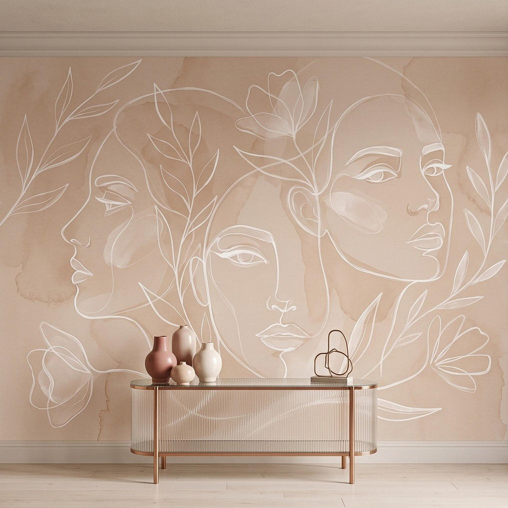 Abstract Line Art Faces Peel and Stick Wall Mural, Neutral Beige Botanical Female Portrait Minimalist Watercolor Wallpaper