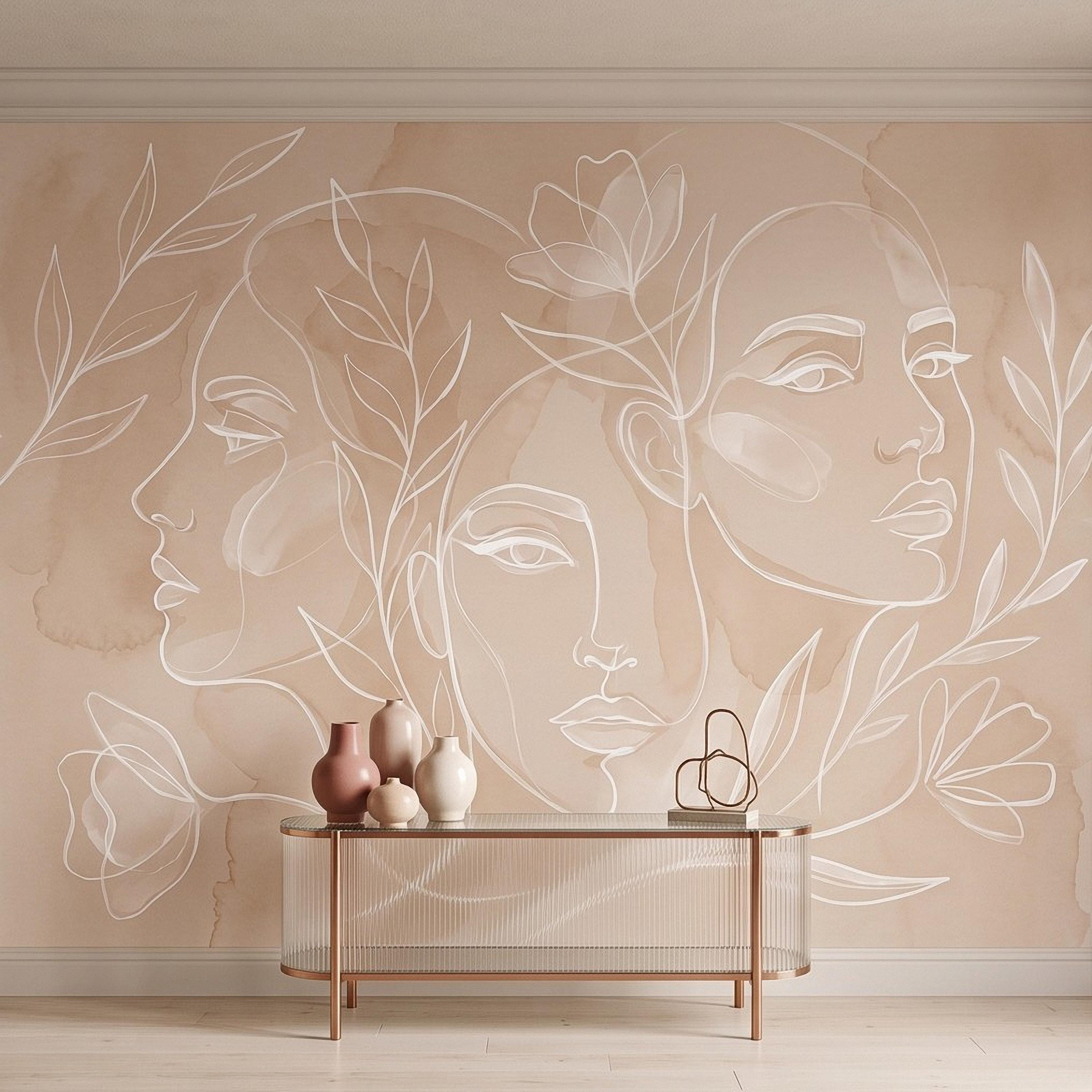 Abstract Line Art Faces Peel and Stick Wall Mural, Neutral Beige Botanical Female Portrait Minimalist Watercolor Wallpaper