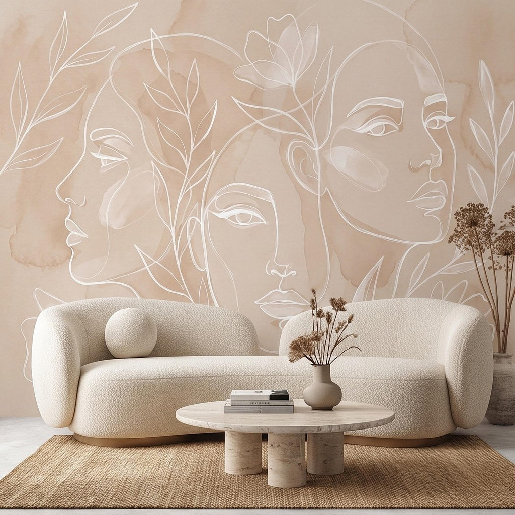 Abstract Line Art Faces Peel and Stick Wall Mural, Neutral Beige Botanical Female Portrait Minimalist Watercolor Wallpaper