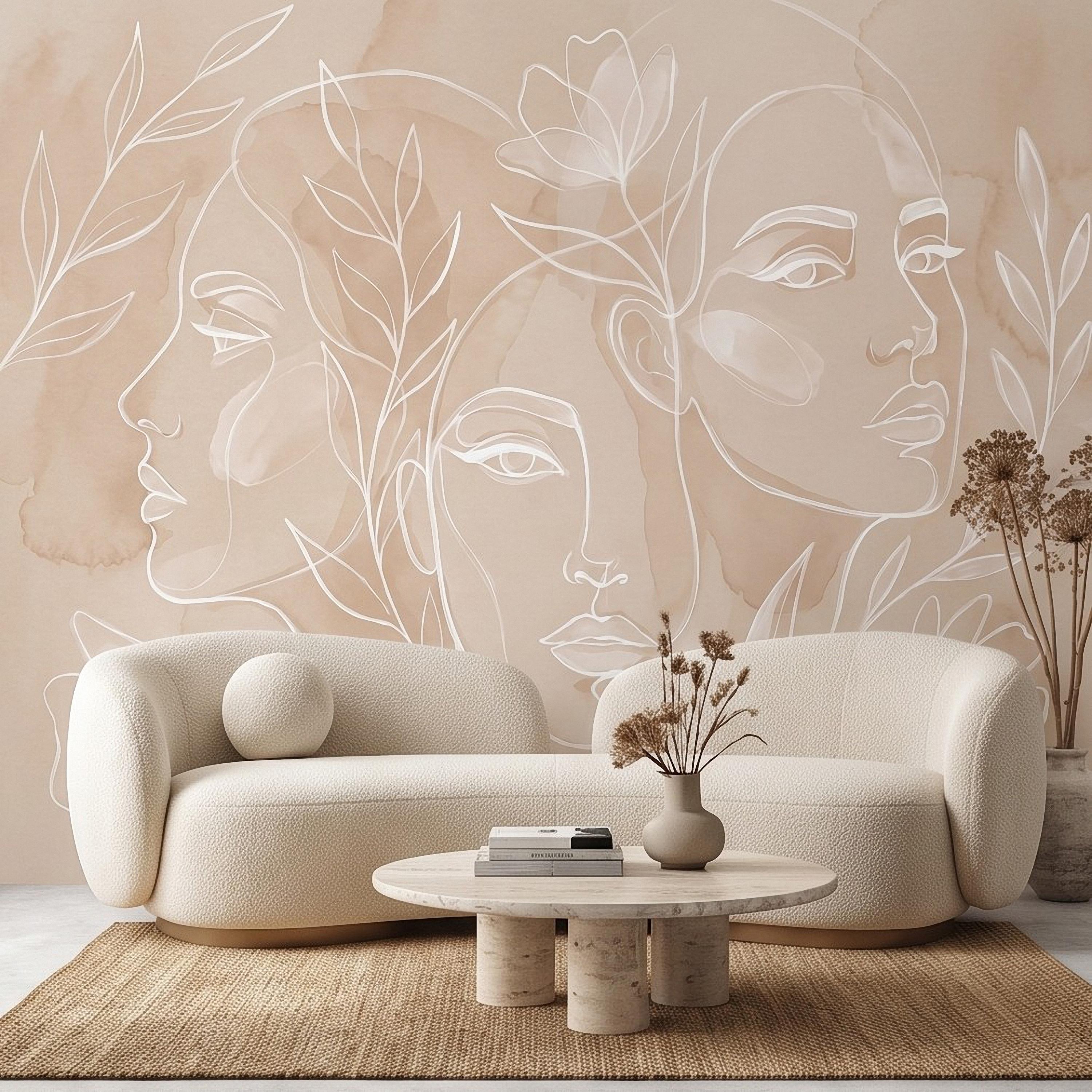 Abstract Line Art Faces Peel and Stick Wall Mural, Neutral Beige Botanical Female Portrait Minimalist Watercolor Wallpaper