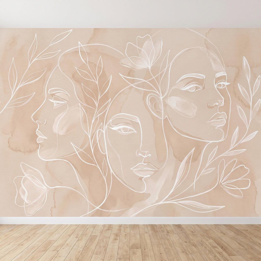 Abstract Line Art Faces Peel and Stick Wall Mural, Neutral Beige Botanical Female Portrait Minimalist Watercolor Wallpaper