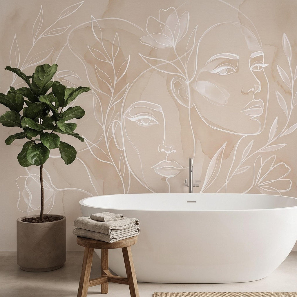 Abstract Line Art Faces Peel and Stick Wall Mural, Neutral Beige Botanical Female Portrait Minimalist Watercolor Wallpaper