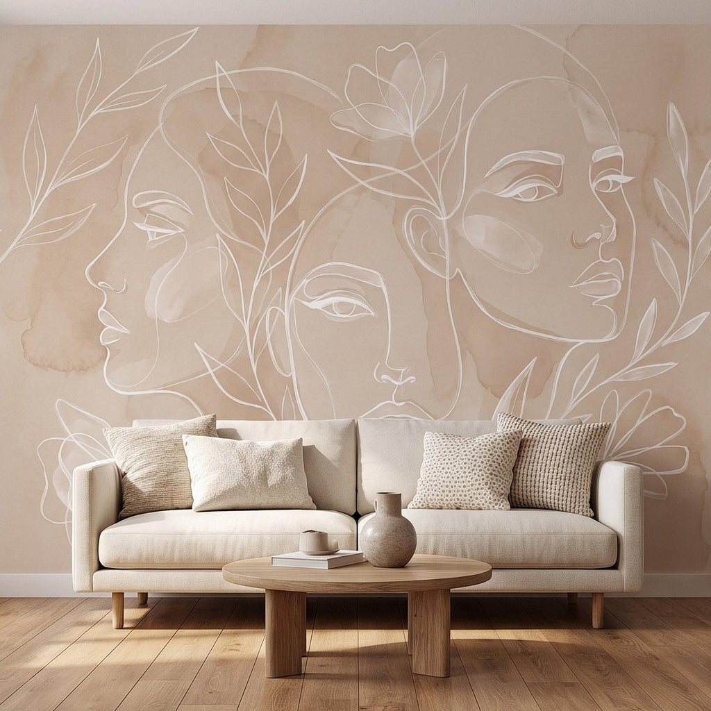 Abstract Line Art Faces Peel and Stick Wall Mural, Neutral Beige Botanical Female Portrait Minimalist Watercolor Wallpaper