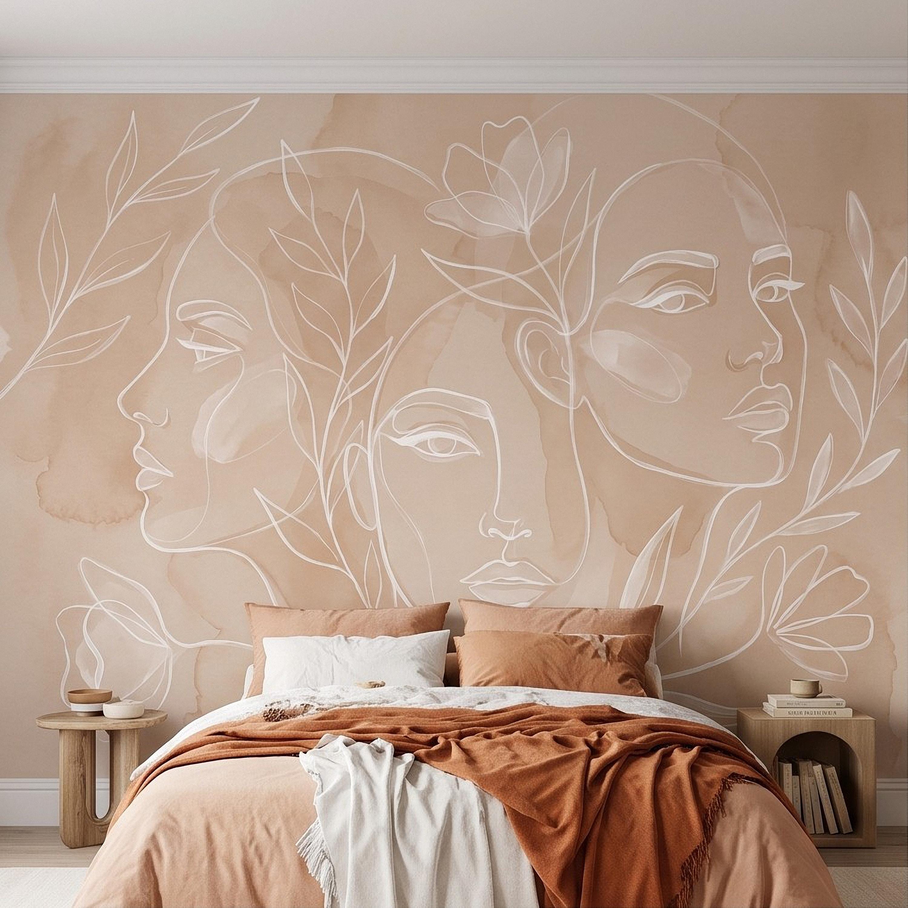Abstract Line Art Faces Peel and Stick Wall Mural, Neutral Beige Botanical Female Portrait Minimalist Watercolor Wallpaper