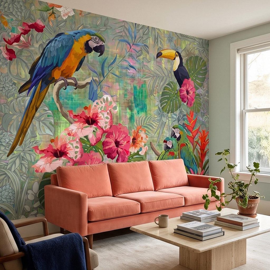 Tropical Birds Peel and Stick Wall Mural, Blue Macaw Toucan Hibiscus Monstera Exotic Botanical Jungle Wallpaper