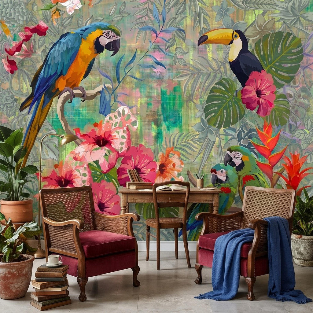 Tropical Birds Peel and Stick Wall Mural, Blue Macaw Toucan Hibiscus Monstera Exotic Botanical Jungle Wallpaper