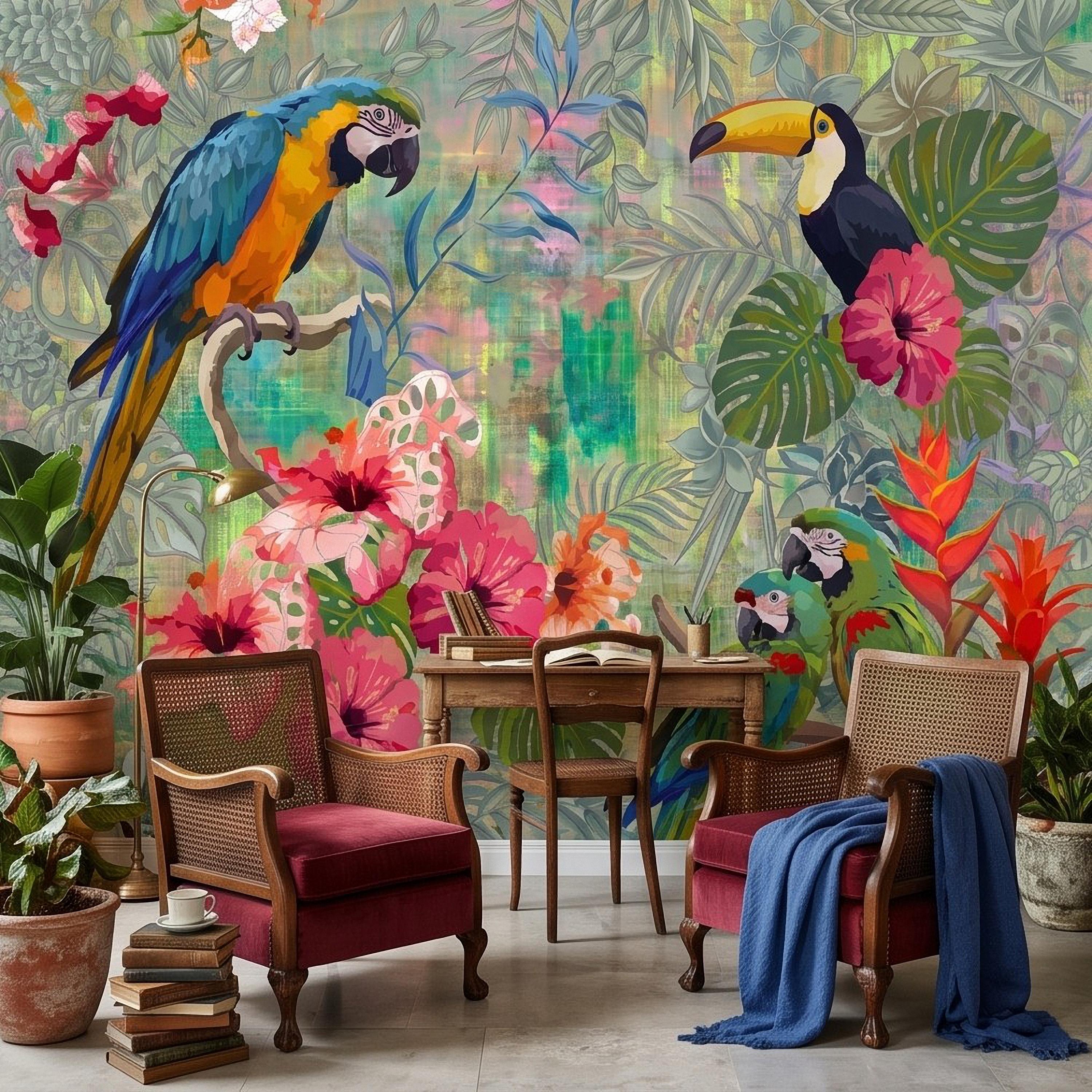 Tropical Birds Peel and Stick Wall Mural, Blue Macaw Toucan Hibiscus Monstera Exotic Botanical Jungle Wallpaper