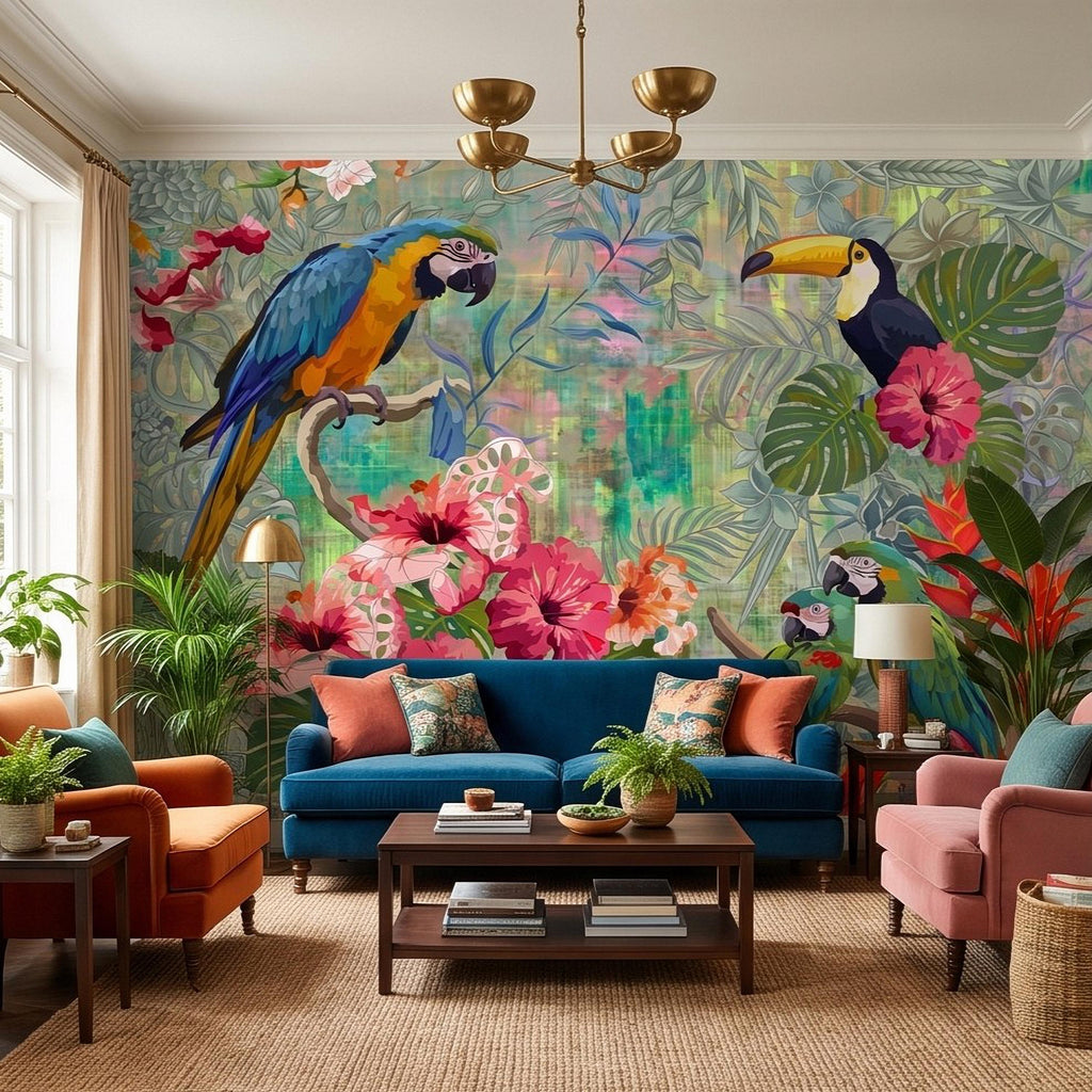 Tropical Birds Peel and Stick Wall Mural, Blue Macaw Toucan Hibiscus Monstera Exotic Botanical Jungle Wallpaper