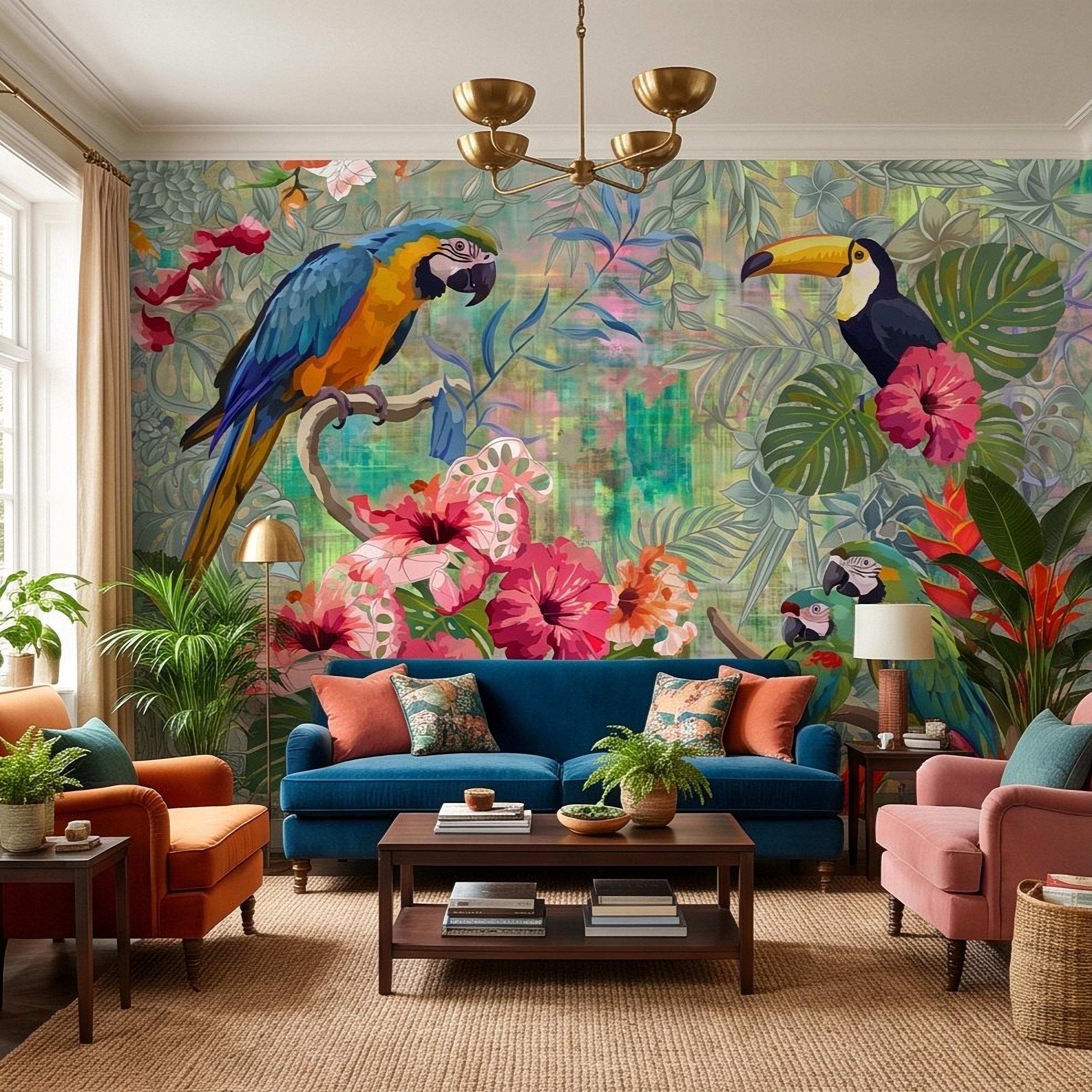 Tropical Birds Peel and Stick Wall Mural, Blue Macaw Toucan Hibiscus Monstera Exotic Botanical Jungle Wallpaper