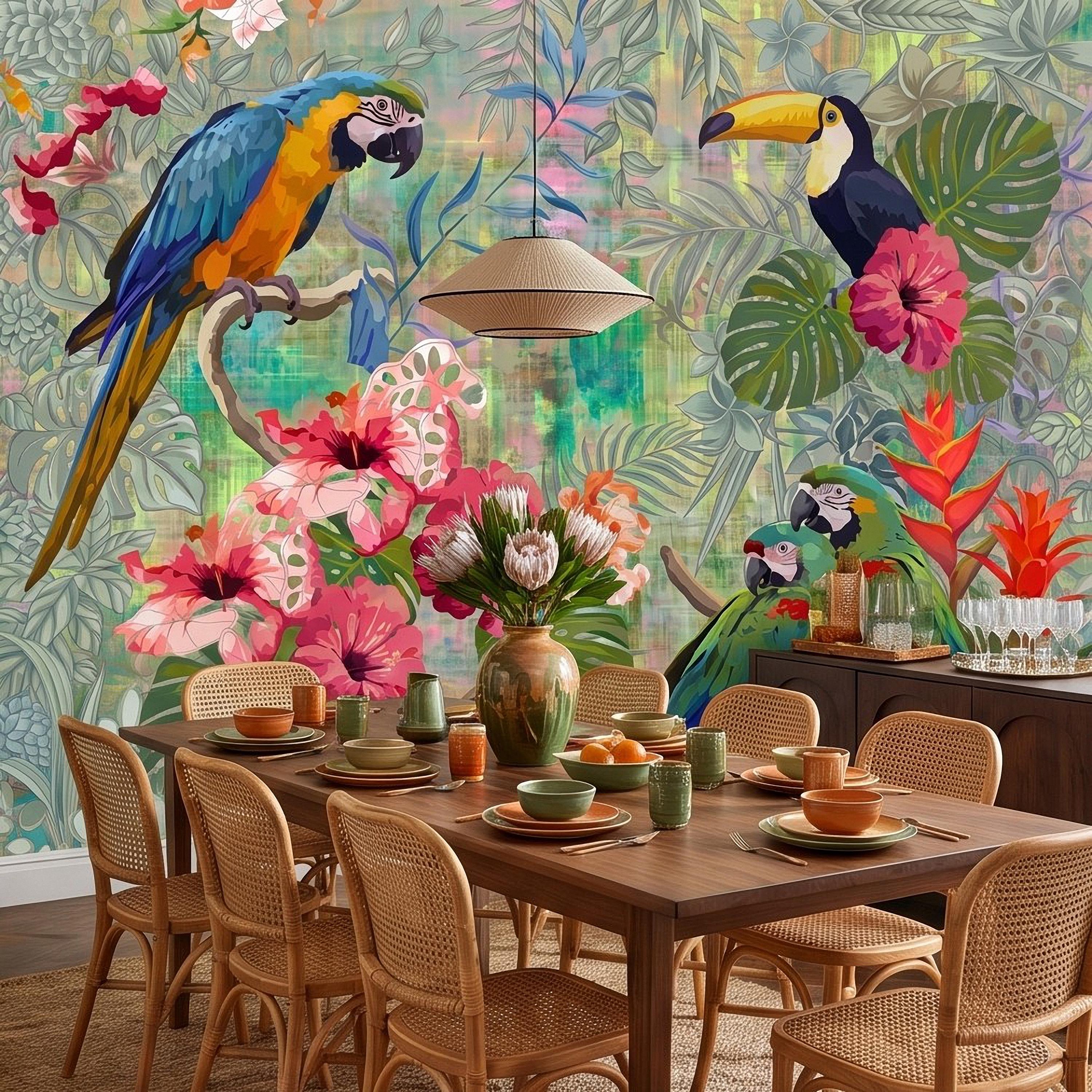 Tropical Birds Peel and Stick Wall Mural, Blue Macaw Toucan Hibiscus Monstera Exotic Botanical Jungle Wallpaper