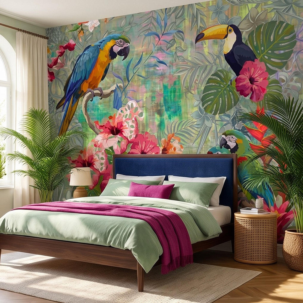 Tropical Birds Peel and Stick Wall Mural, Blue Macaw Toucan Hibiscus Monstera Exotic Botanical Jungle Wallpaper