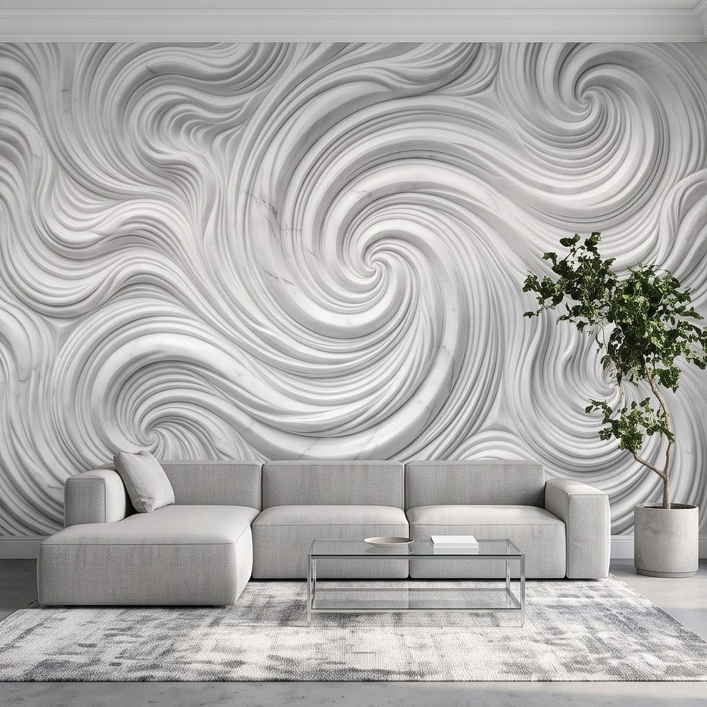 3D White Marble Relief Peel and Stick Wall Mural, Abstract Swirl Wave Texture Modern Minimalist Wallpaper
