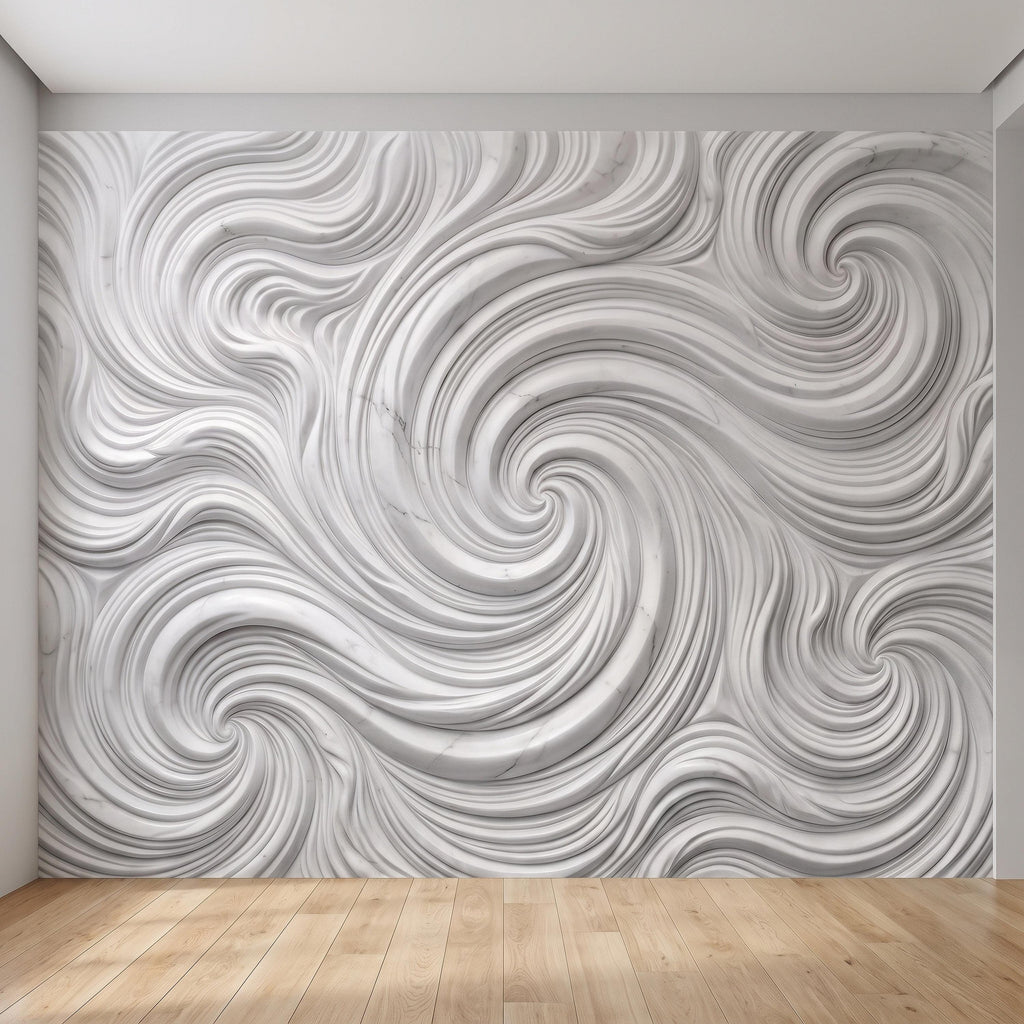 3D White Marble Relief Peel and Stick Wall Mural, Abstract Swirl Wave Texture Modern Minimalist Wallpaper