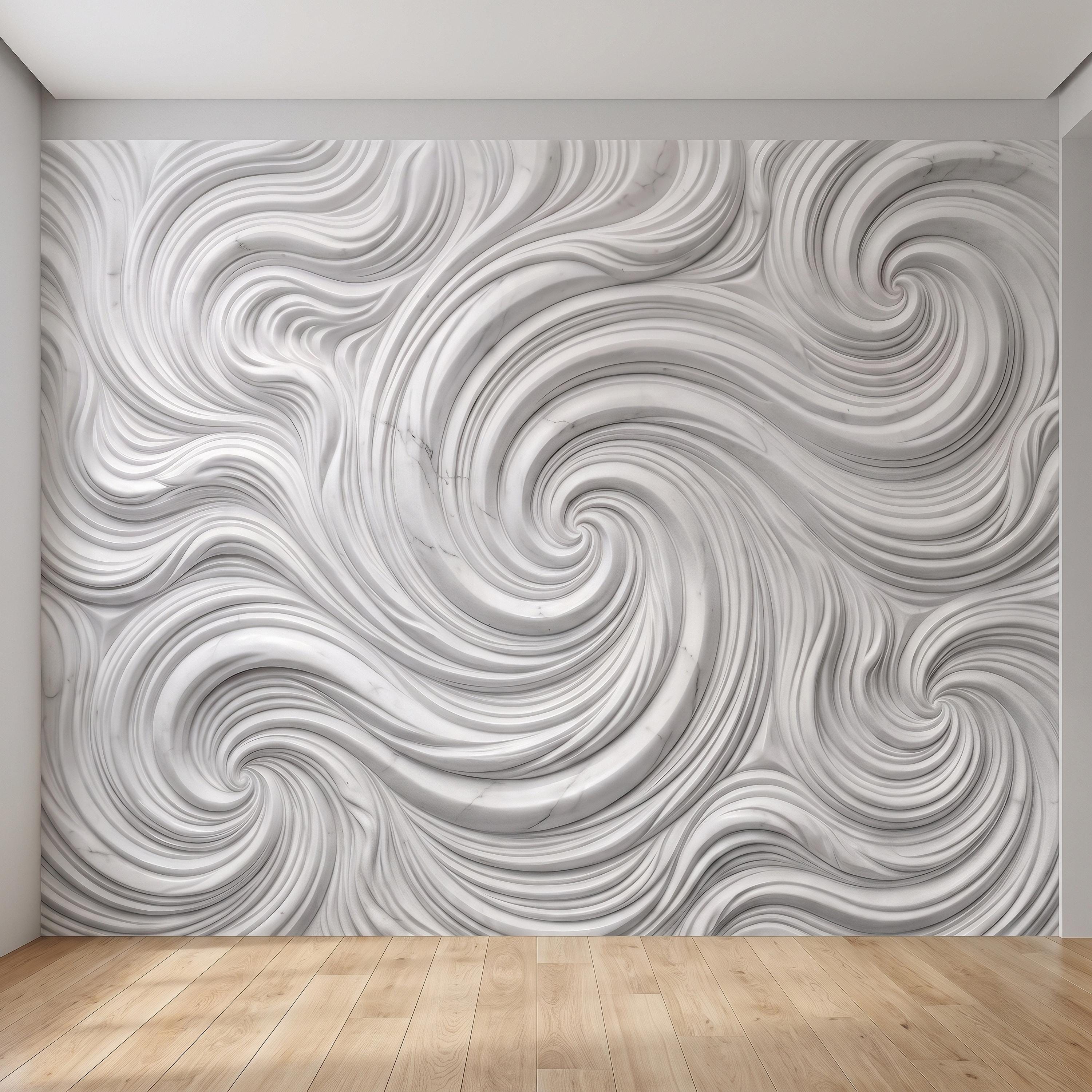 3D White Marble Relief Peel and Stick Wall Mural, Abstract Swirl Wave Texture Modern Minimalist Wallpaper