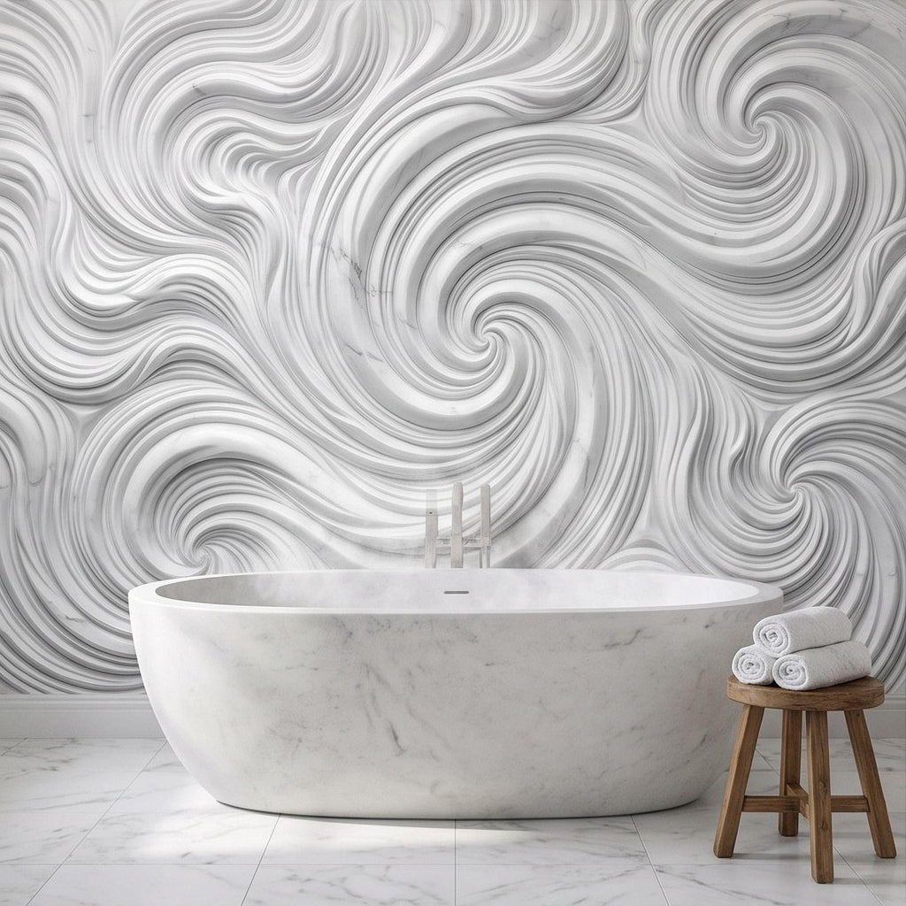 3D White Marble Relief Peel and Stick Wall Mural, Abstract Swirl Wave Texture Modern Minimalist Wallpaper
