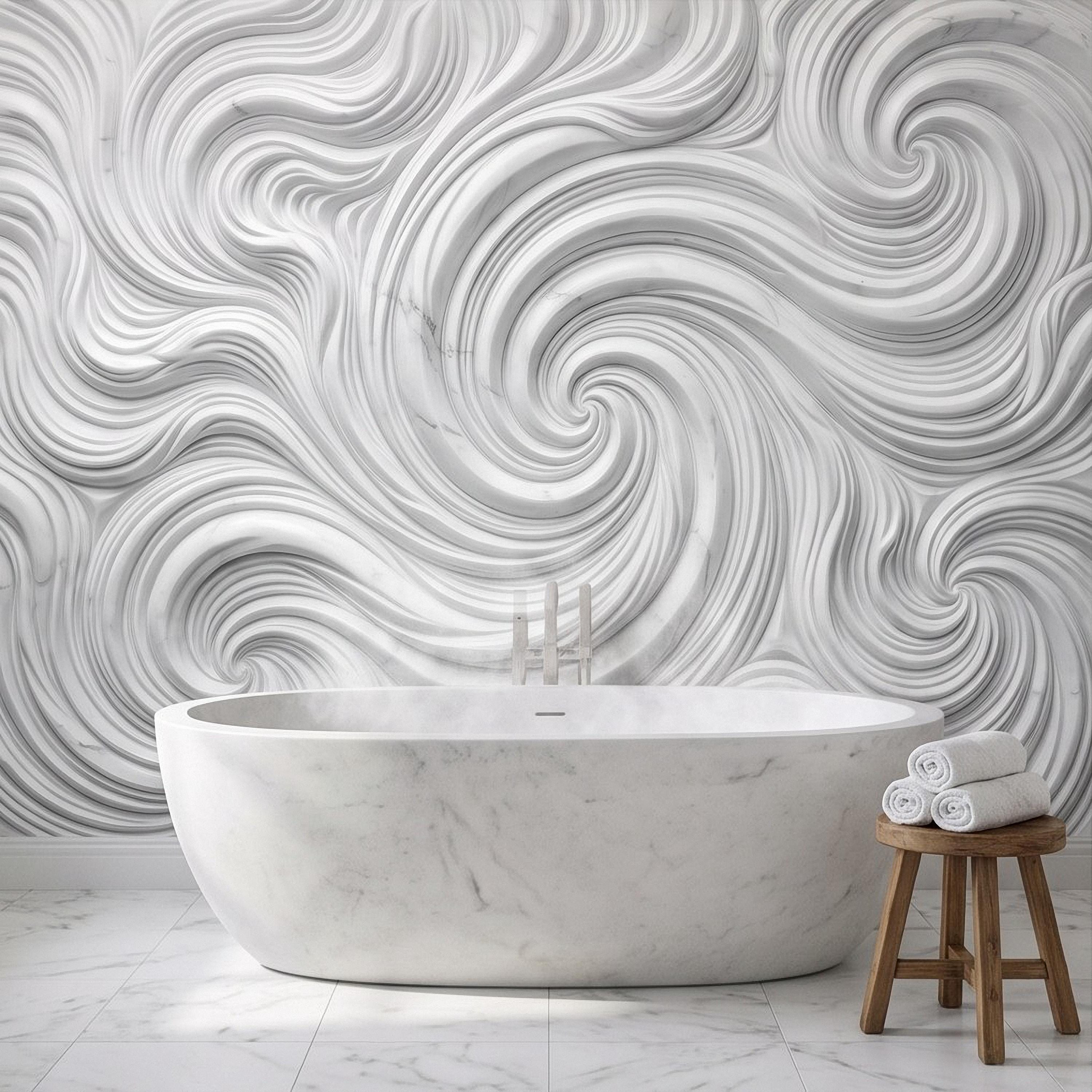 3D White Marble Relief Peel and Stick Wall Mural, Abstract Swirl Wave Texture Modern Minimalist Wallpaper