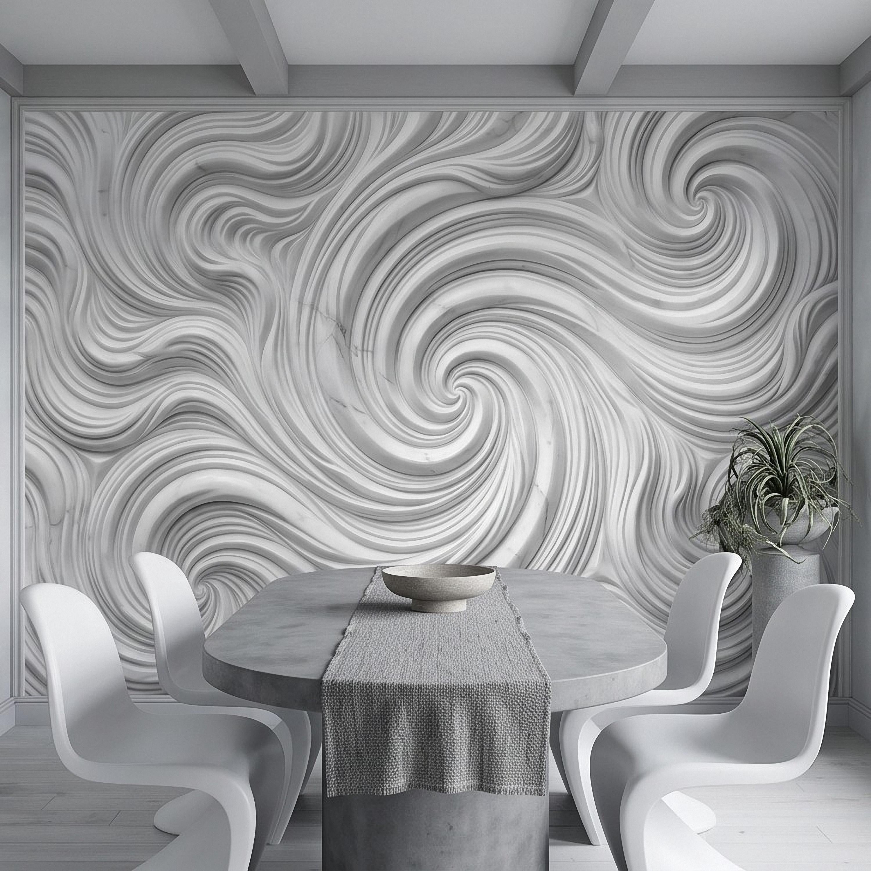 3D White Marble Relief Peel and Stick Wall Mural, Abstract Swirl Wave Texture Modern Minimalist Wallpaper
