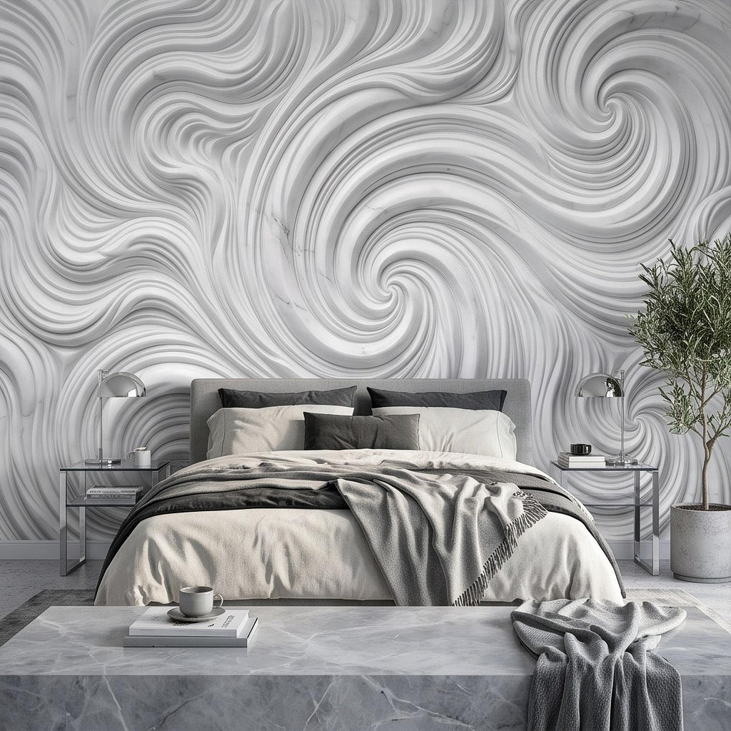 3D White Marble Relief Peel and Stick Wall Mural, Abstract Swirl Wave Texture Modern Minimalist Wallpaper