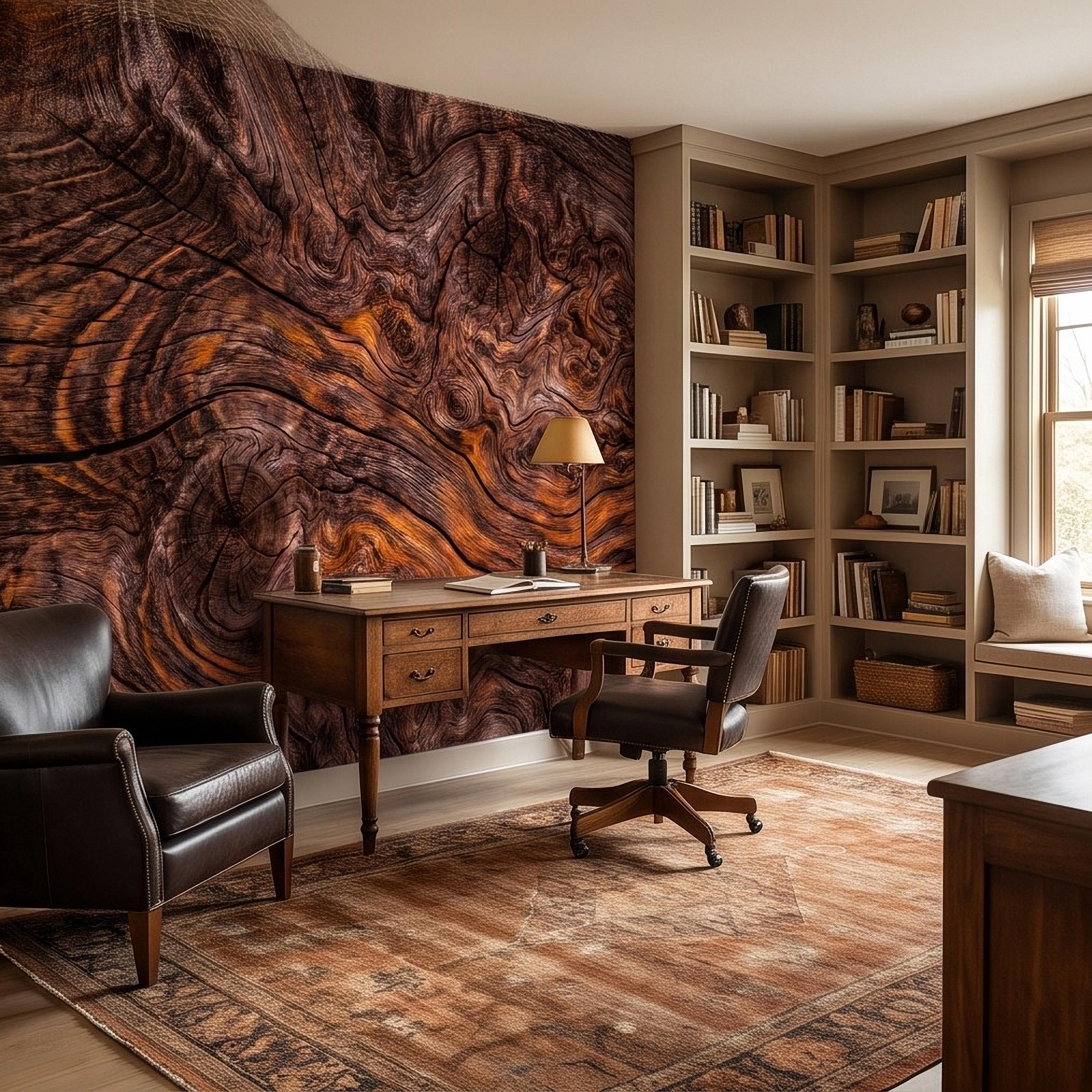 Rustic Burl Wood Peel and Stick Wall Mural, Natural Reclaimed Wood Grain Texture Organic Timber Pattern Wallpaper