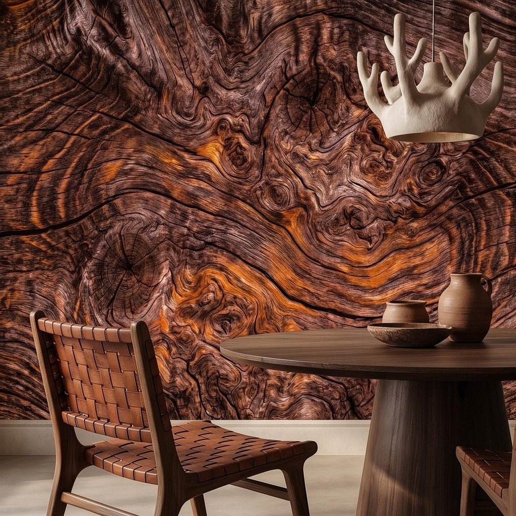 Rustic Burl Wood Peel and Stick Wall Mural, Natural Reclaimed Wood Grain Texture Organic Timber Pattern Wallpaper