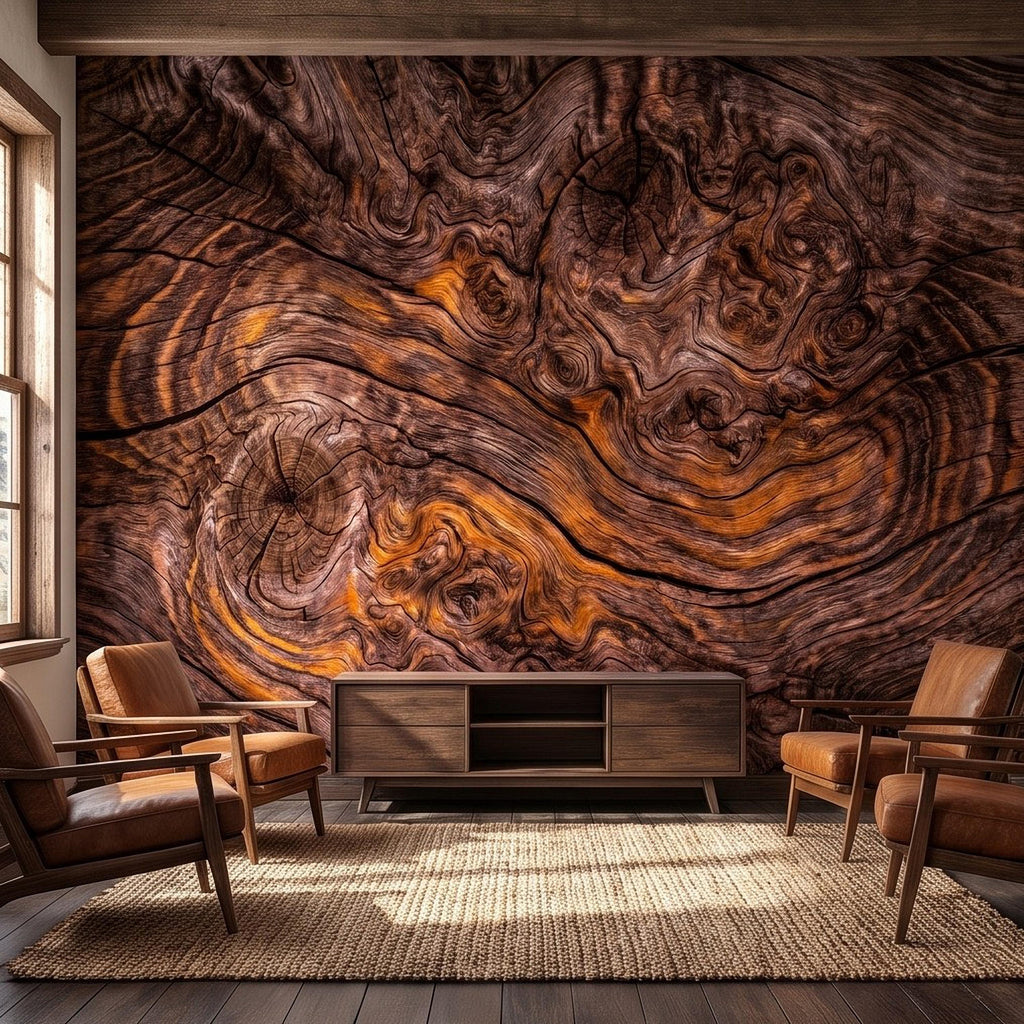 Rustic Burl Wood Peel and Stick Wall Mural, Natural Reclaimed Wood Grain Texture Organic Timber Pattern Wallpaper
