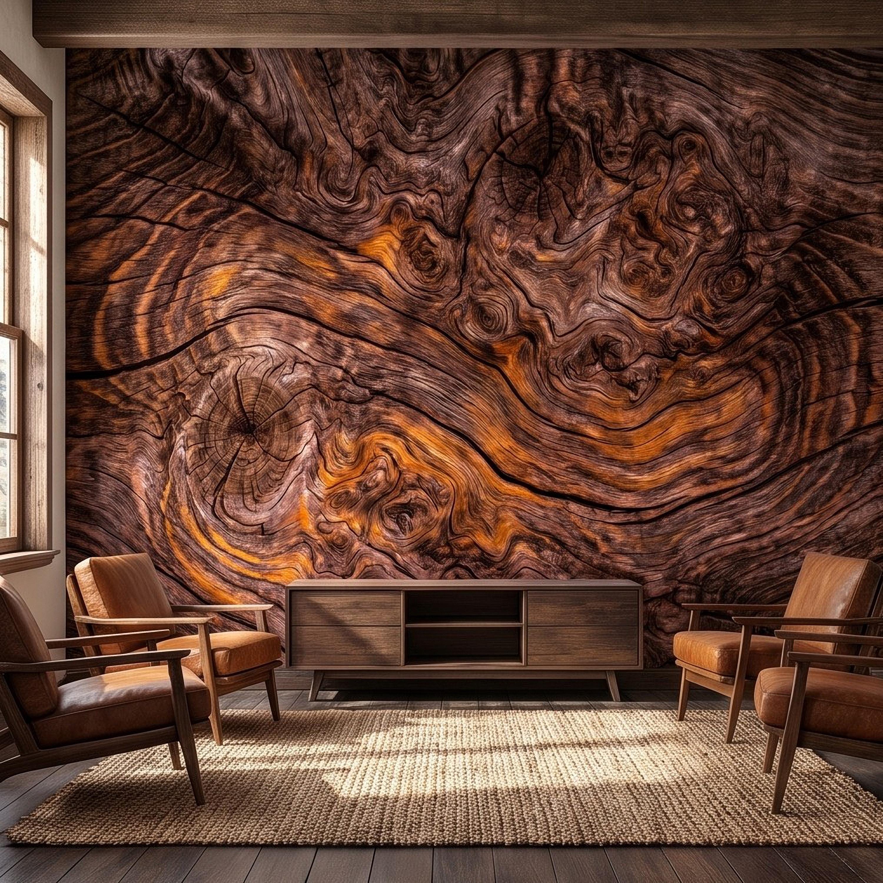 Rustic Burl Wood Peel and Stick Wall Mural, Natural Reclaimed Wood Grain Texture Organic Timber Pattern Wallpaper
