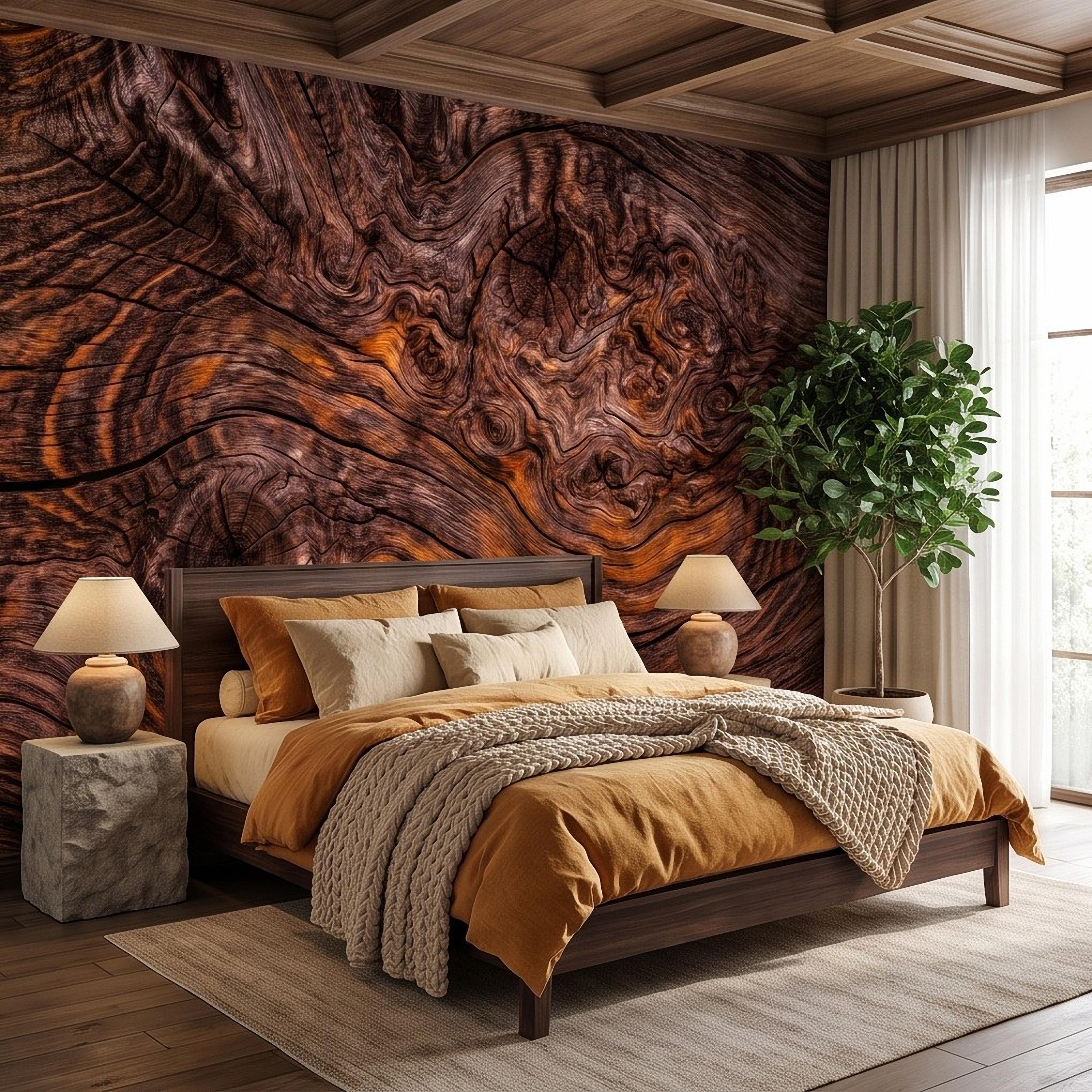 Rustic Burl Wood Peel and Stick Wall Mural, Natural Reclaimed Wood Grain Texture Organic Timber Pattern Wallpaper