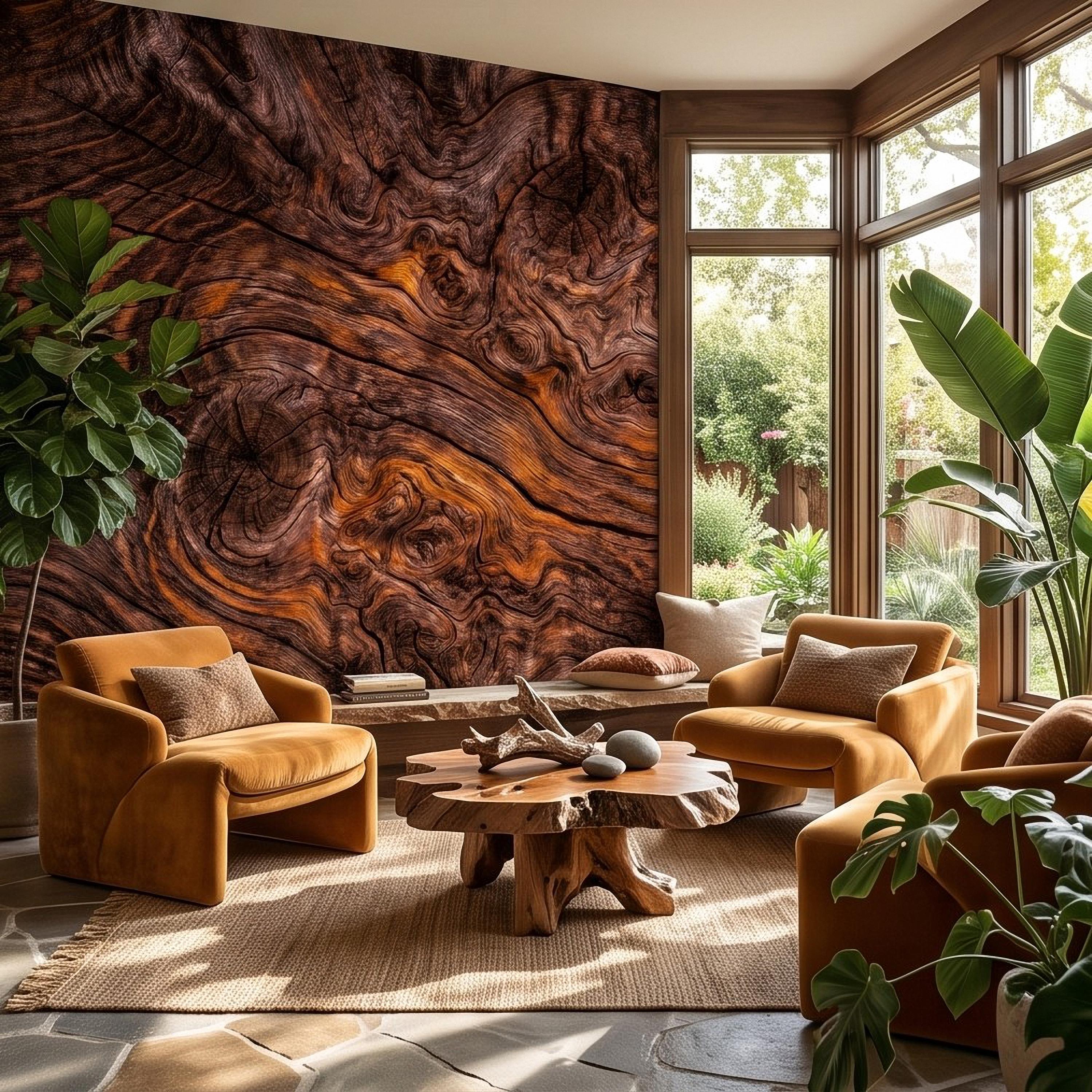 Rustic Burl Wood Peel and Stick Wall Mural, Natural Reclaimed Wood Grain Texture Organic Timber Pattern Wallpaper