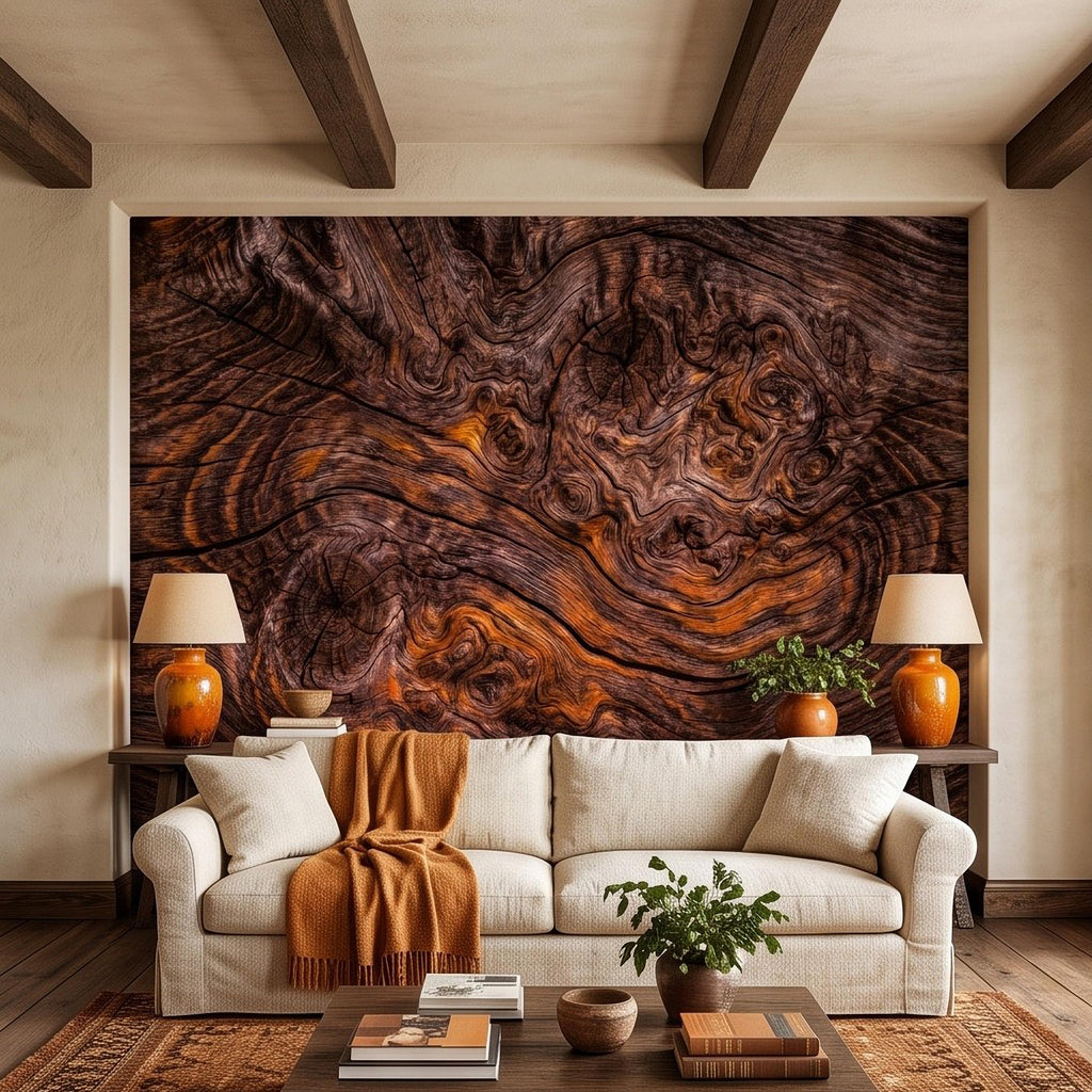 Rustic Burl Wood Peel and Stick Wall Mural, Natural Reclaimed Wood Grain Texture Organic Timber Pattern Wallpaper