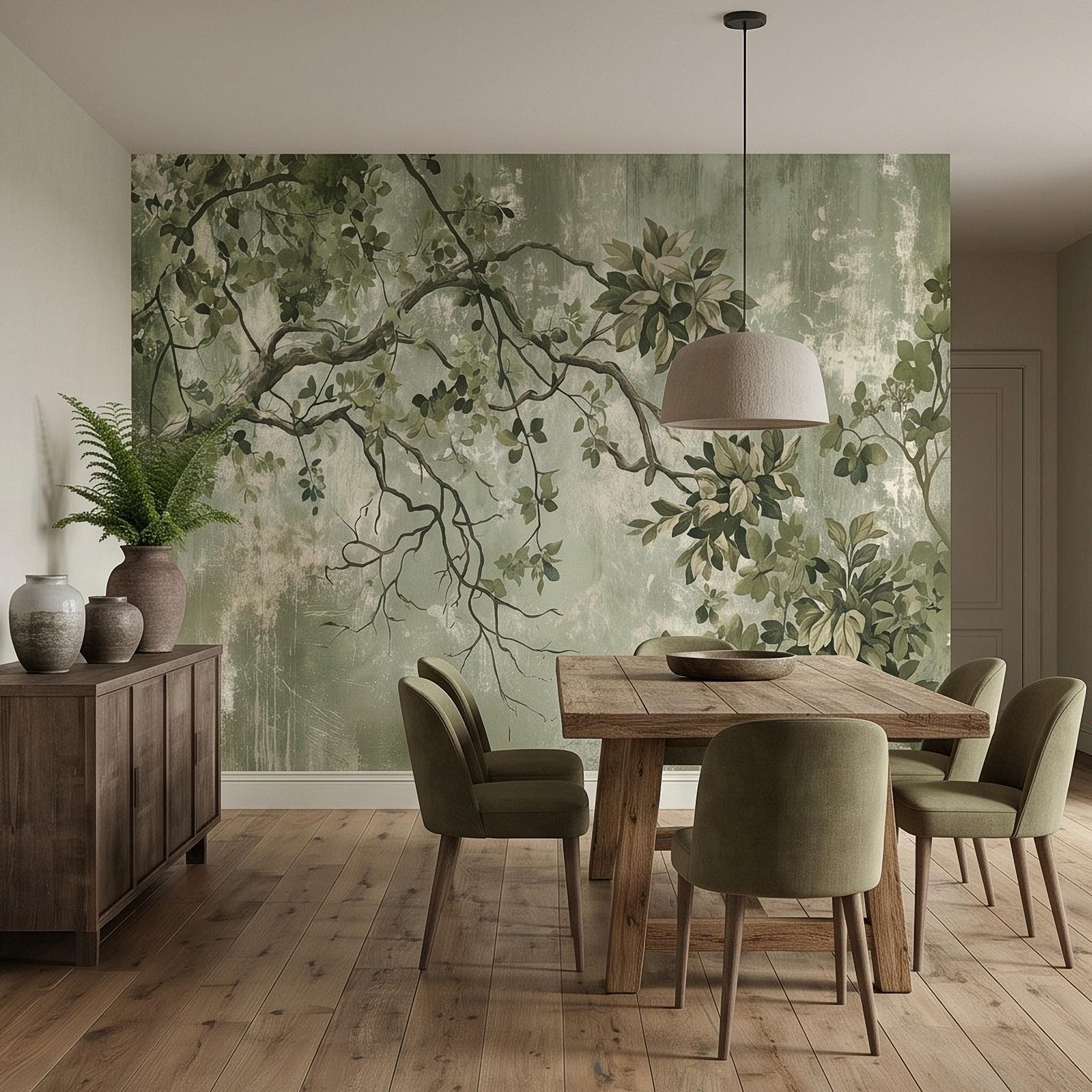 Sage Green Botanical Peel and Stick Wall Mural, Vintage Tree Branches Painterly Foliage Organic Nature Wallpaper