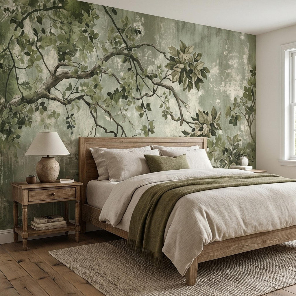 Sage Green Botanical Peel and Stick Wall Mural, Vintage Tree Branches Painterly Foliage Organic Nature Wallpaper