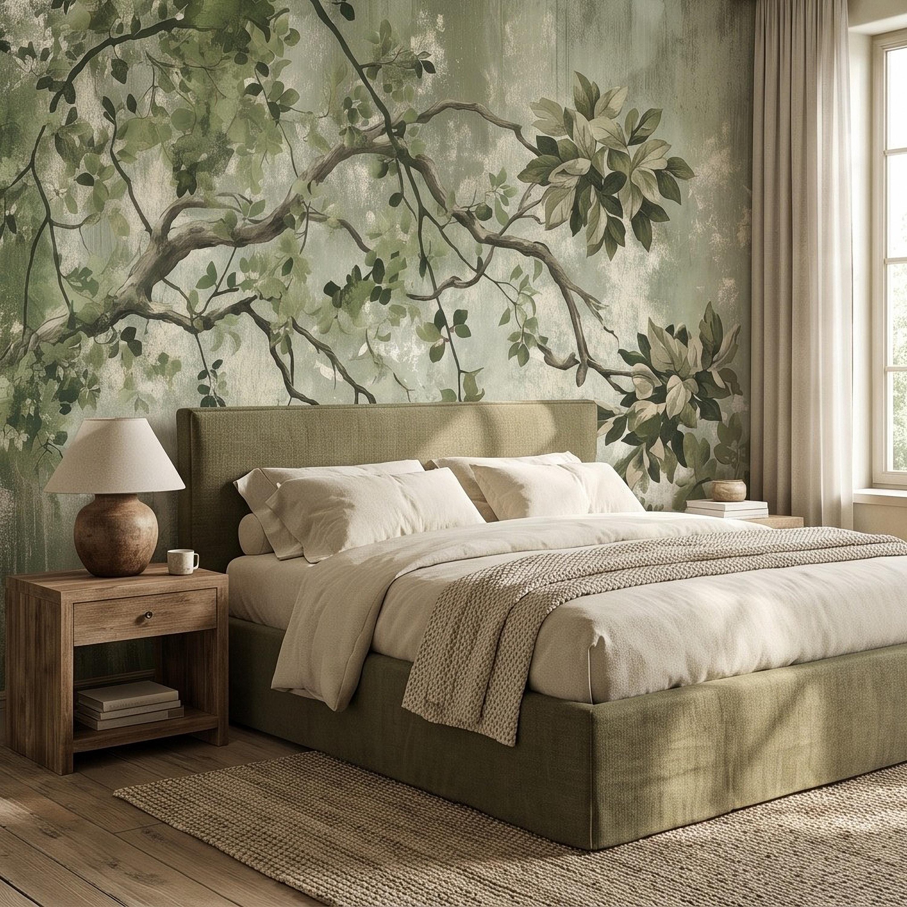 Sage Green Botanical Peel and Stick Wall Mural, Vintage Tree Branches Painterly Foliage Organic Nature Wallpaper