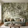 Sage Green Botanical Peel and Stick Wall Mural, Vintage Tree Branches Painterly Foliage Organic Nature Wallpaper