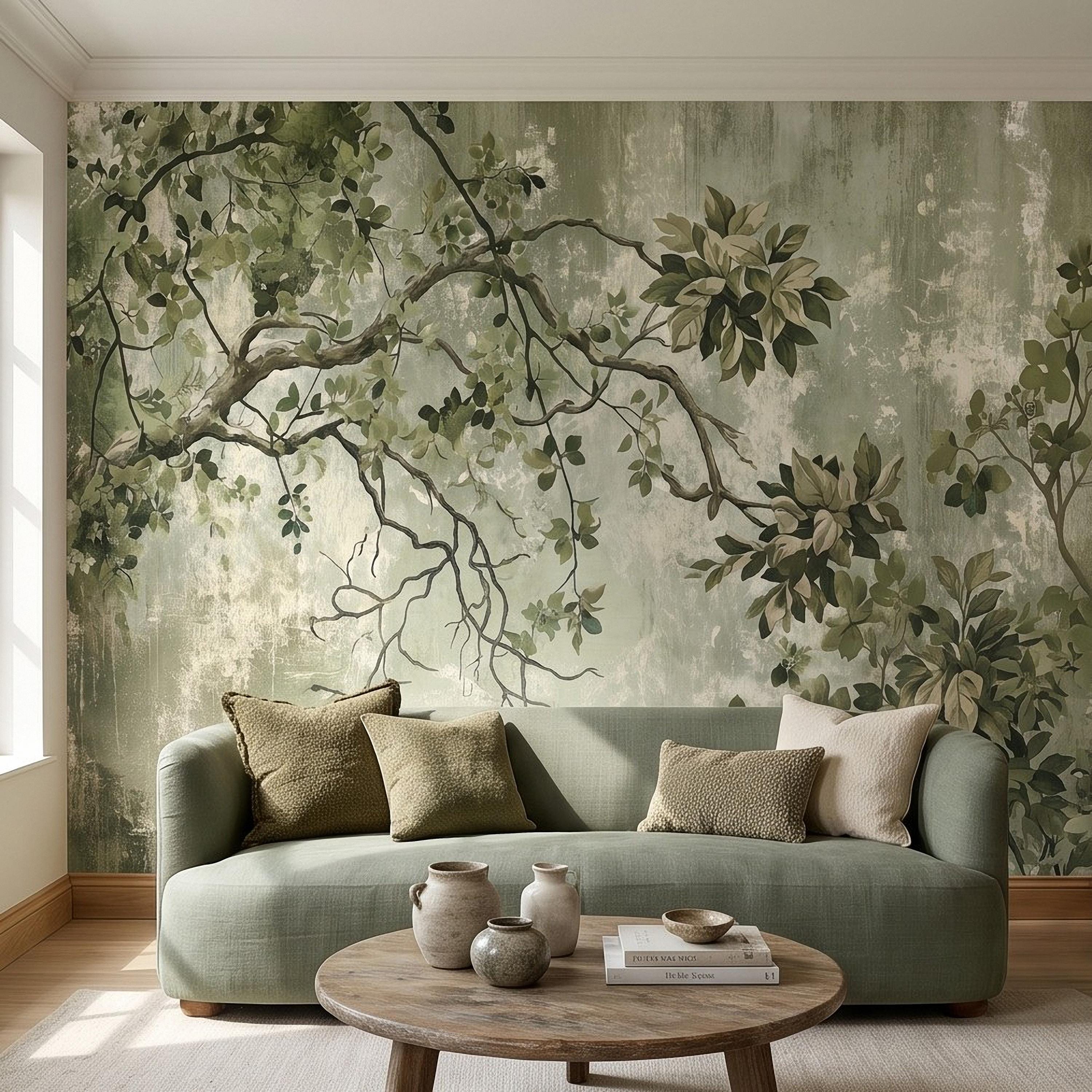 Sage Green Botanical Peel and Stick Wall Mural, Vintage Tree Branches Painterly Foliage Organic Nature Wallpaper