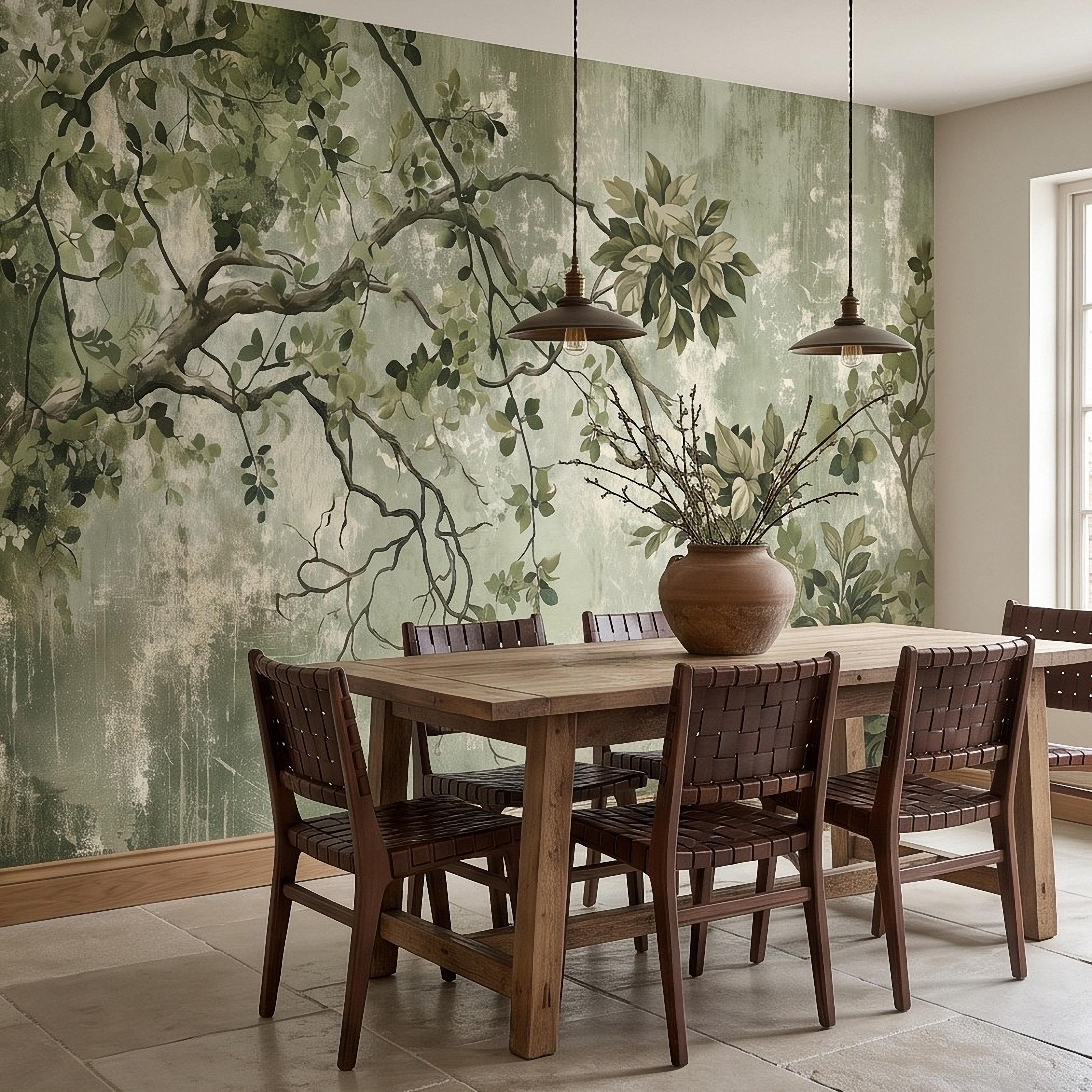 Sage Green Botanical Peel and Stick Wall Mural, Vintage Tree Branches Painterly Foliage Organic Nature Wallpaper