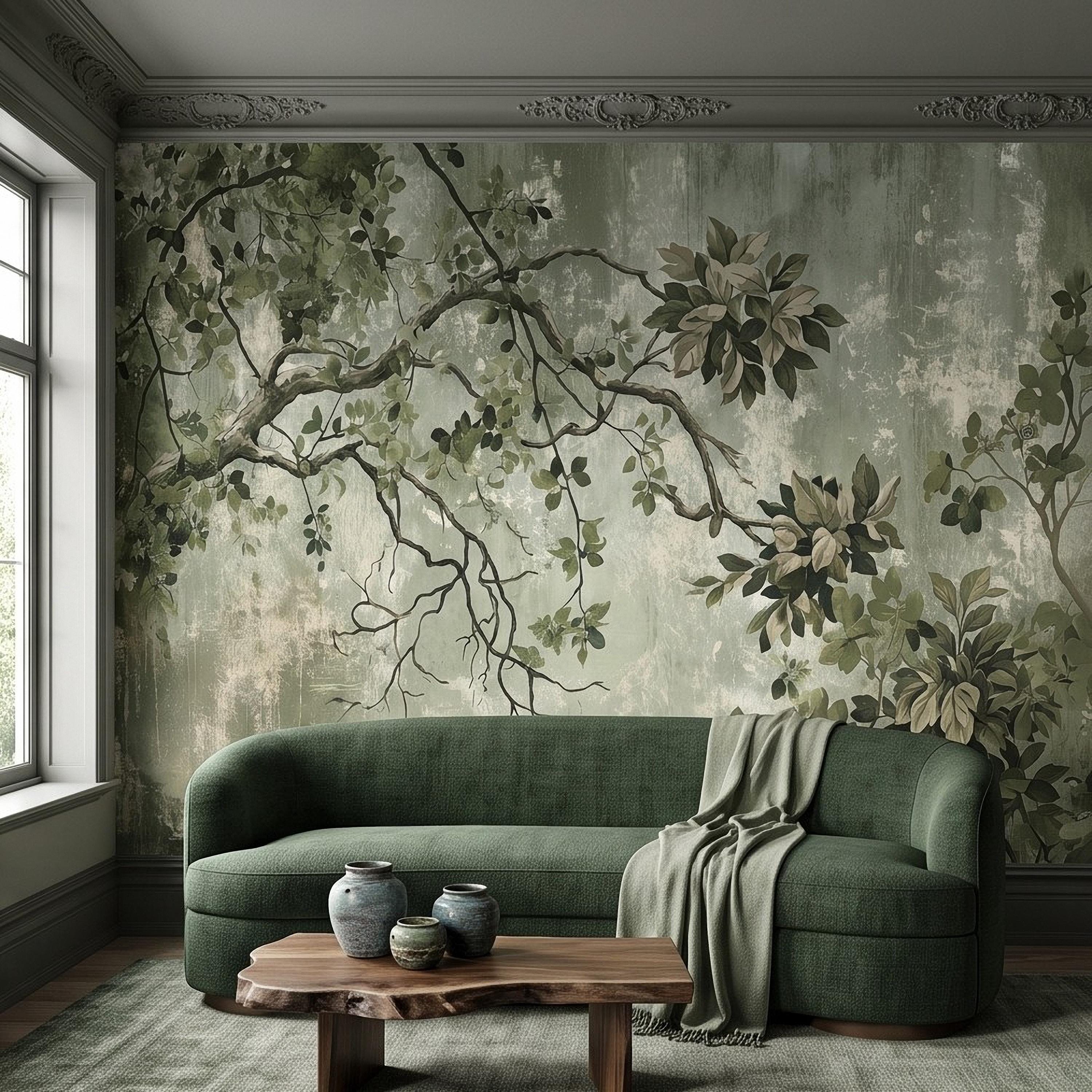Sage Green Botanical Peel and Stick Wall Mural, Vintage Tree Branches Painterly Foliage Organic Nature Wallpaper