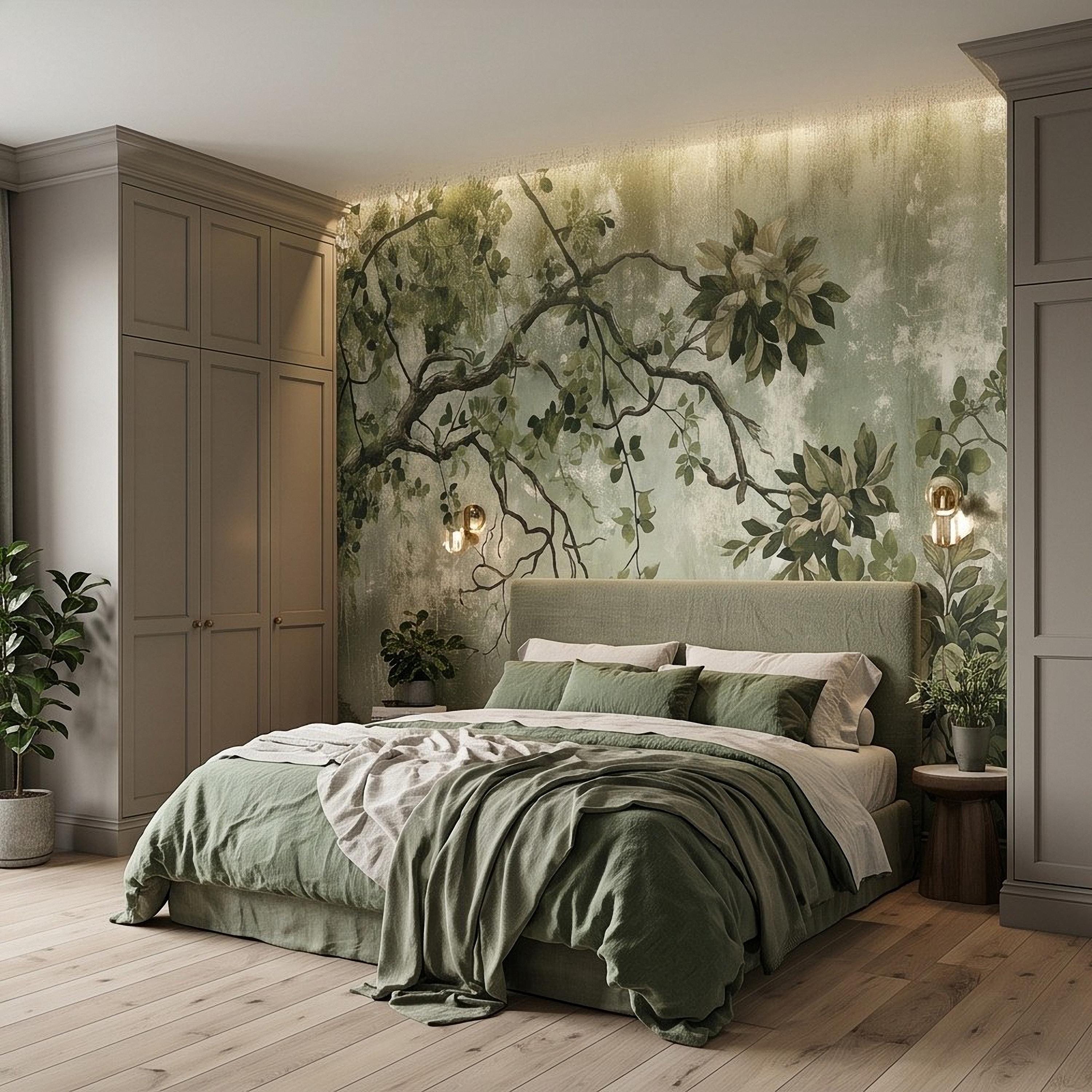 Sage Green Botanical Peel and Stick Wall Mural, Vintage Tree Branches Painterly Foliage Organic Nature Wallpaper