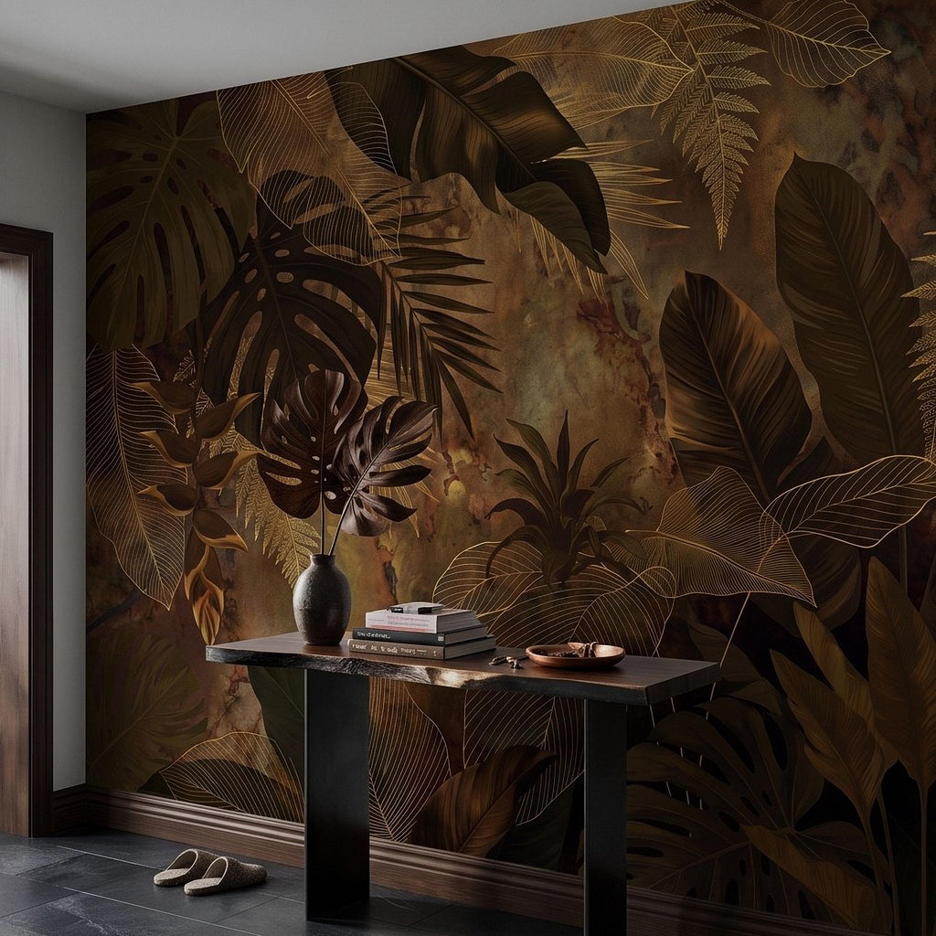 Dark Tropical Botanical Peel and Stick Wall Mural, Gold Leaf Outline Monstera Banana Leaves Luxury Jungle Wallpaper