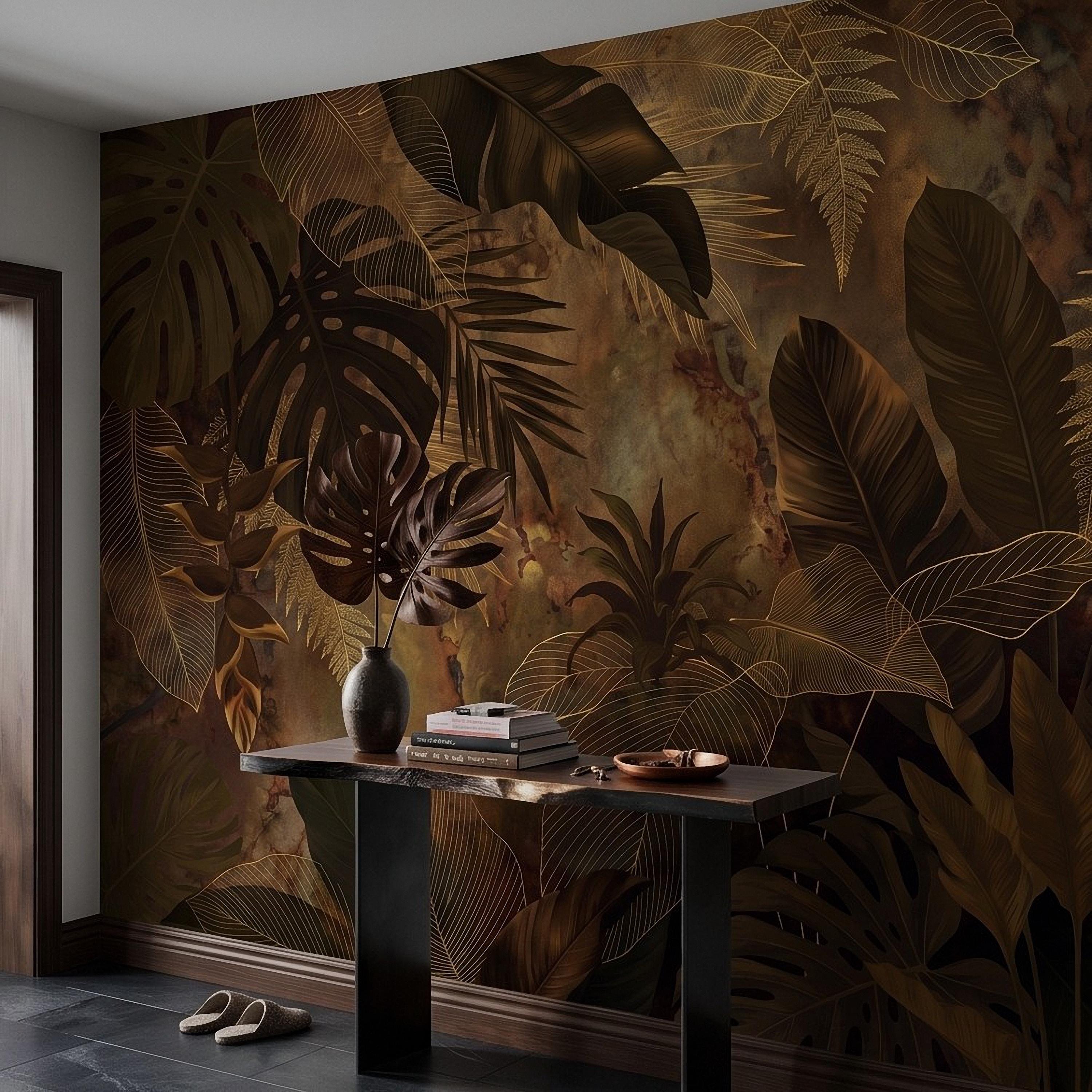 Dark Tropical Botanical Peel and Stick Wall Mural, Gold Leaf Outline Monstera Banana Leaves Luxury Jungle Wallpaper