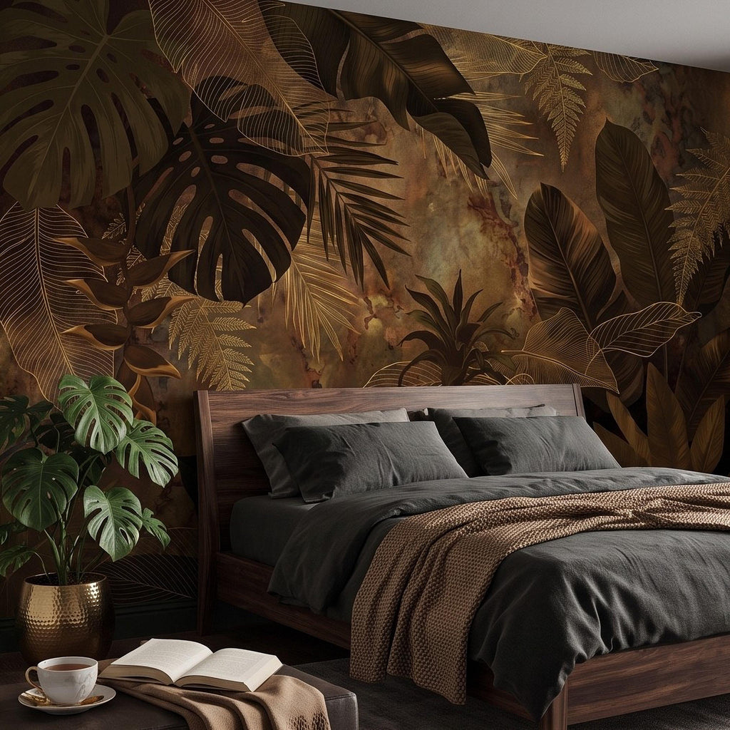 Dark Tropical Botanical Peel and Stick Wall Mural, Gold Leaf Outline Monstera Banana Leaves Luxury Jungle Wallpaper