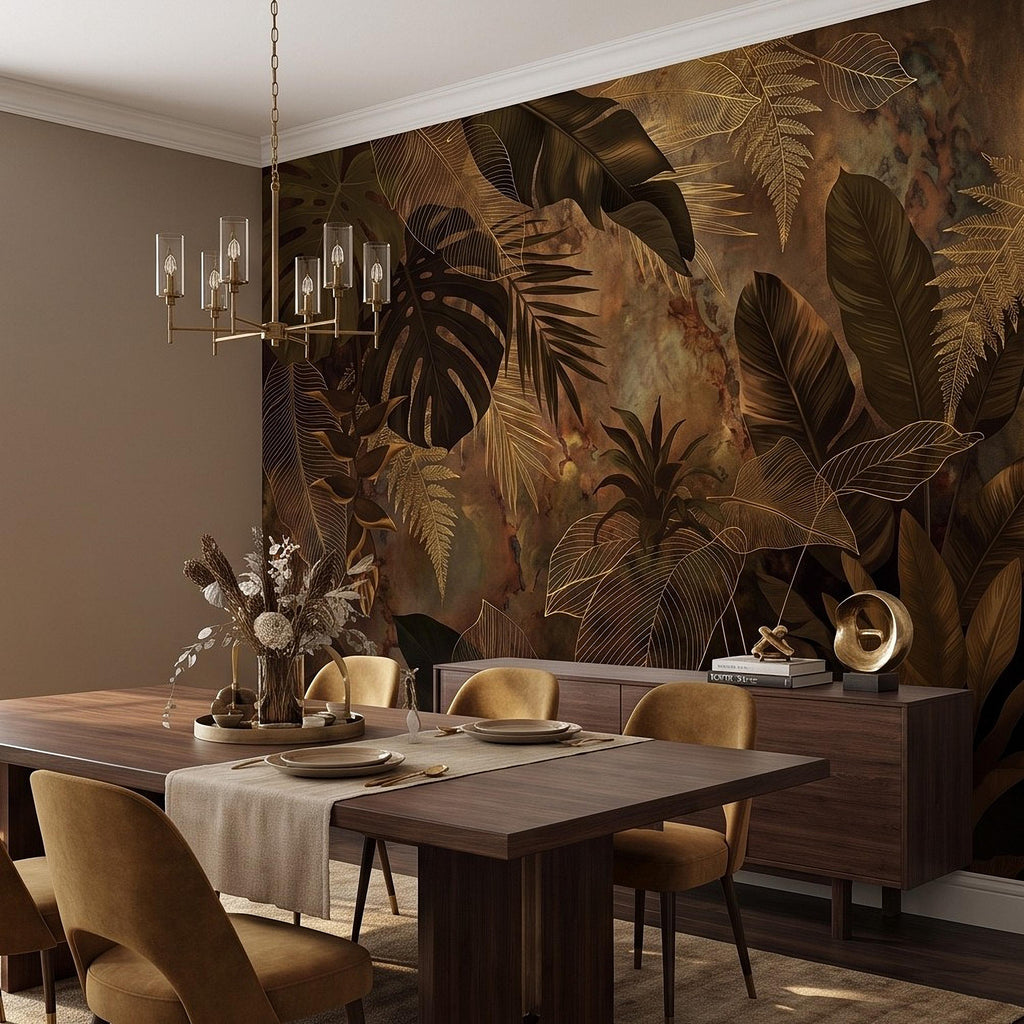 Dark Tropical Botanical Peel and Stick Wall Mural, Gold Leaf Outline Monstera Banana Leaves Luxury Jungle Wallpaper