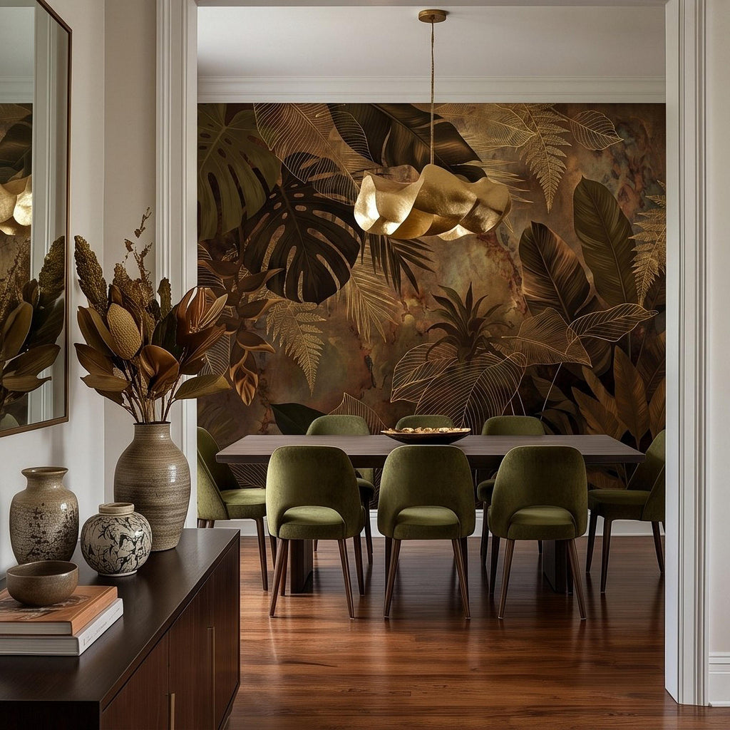 Dark Tropical Botanical Peel and Stick Wall Mural, Gold Leaf Outline Monstera Banana Leaves Luxury Jungle Wallpaper