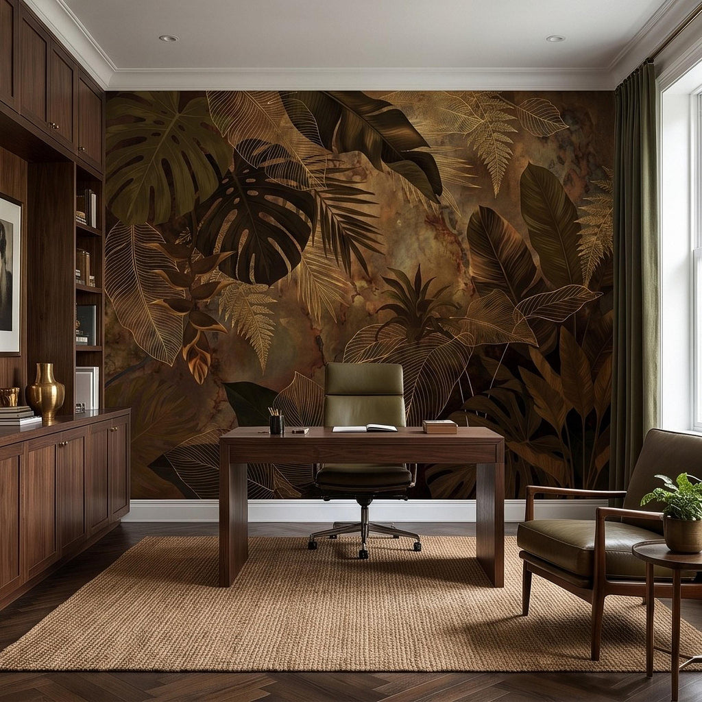 Dark Tropical Botanical Peel and Stick Wall Mural, Gold Leaf Outline Monstera Banana Leaves Luxury Jungle Wallpaper